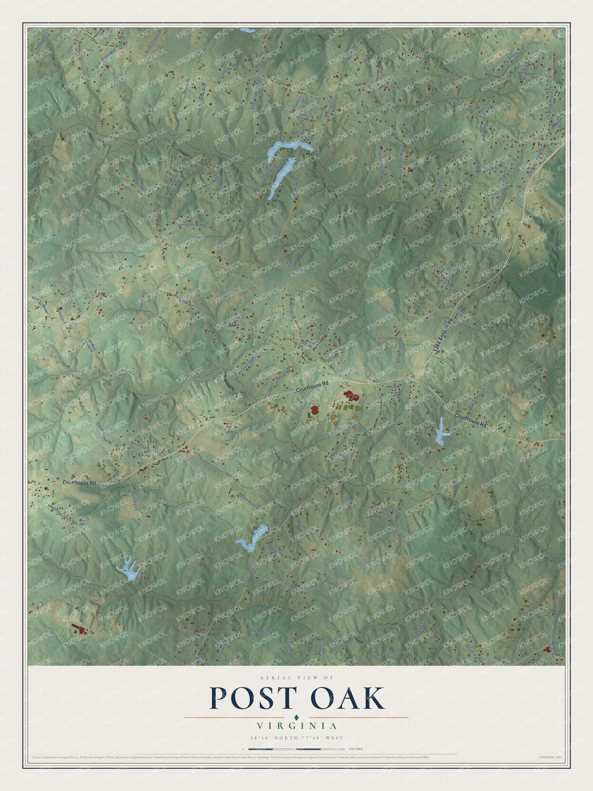 Full map of Post Oak, Virginia, with red buildings, printed street names and the land around them