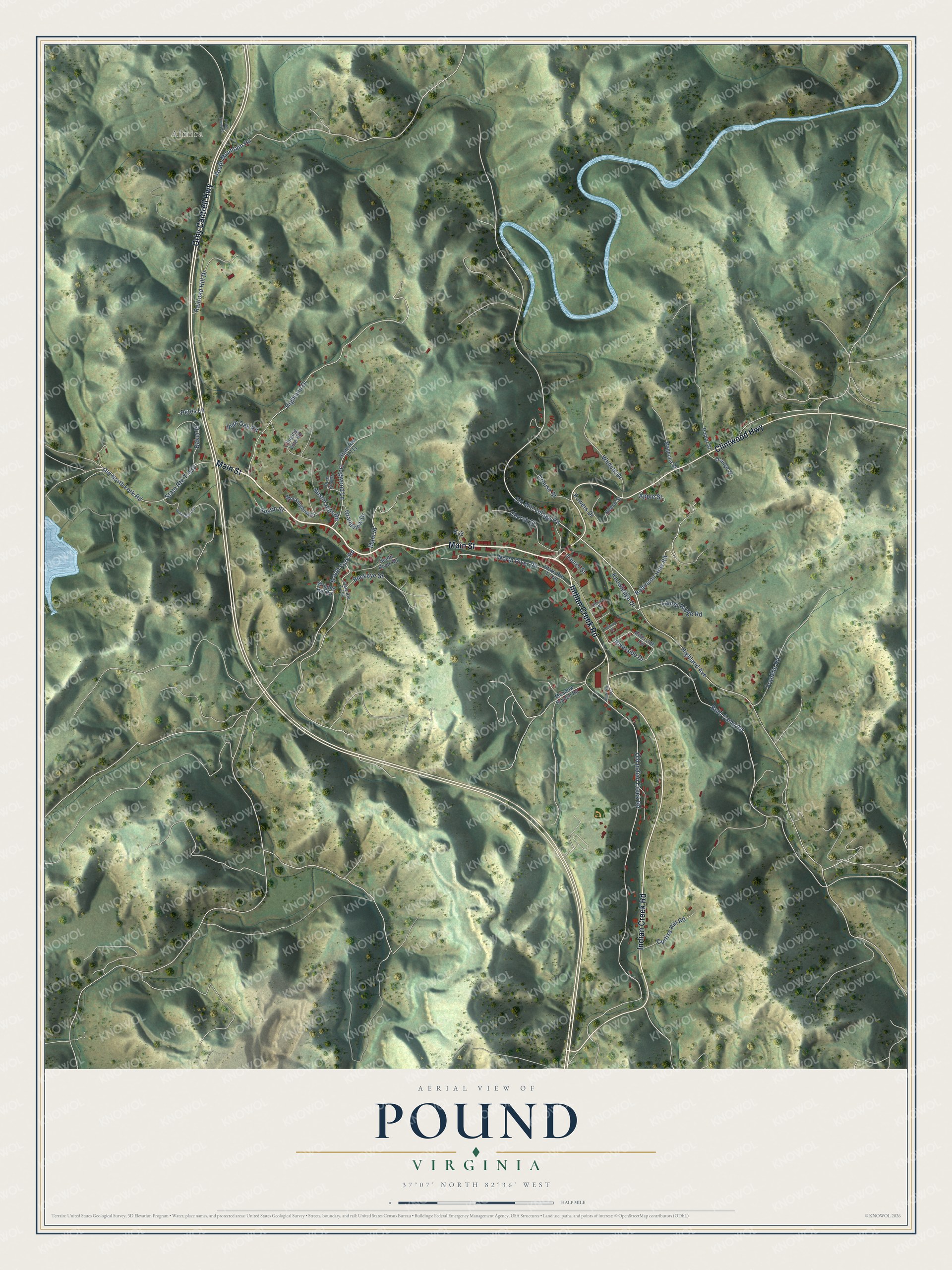 Full map of Pound, Virginia, with red buildings, printed street names and the land around them