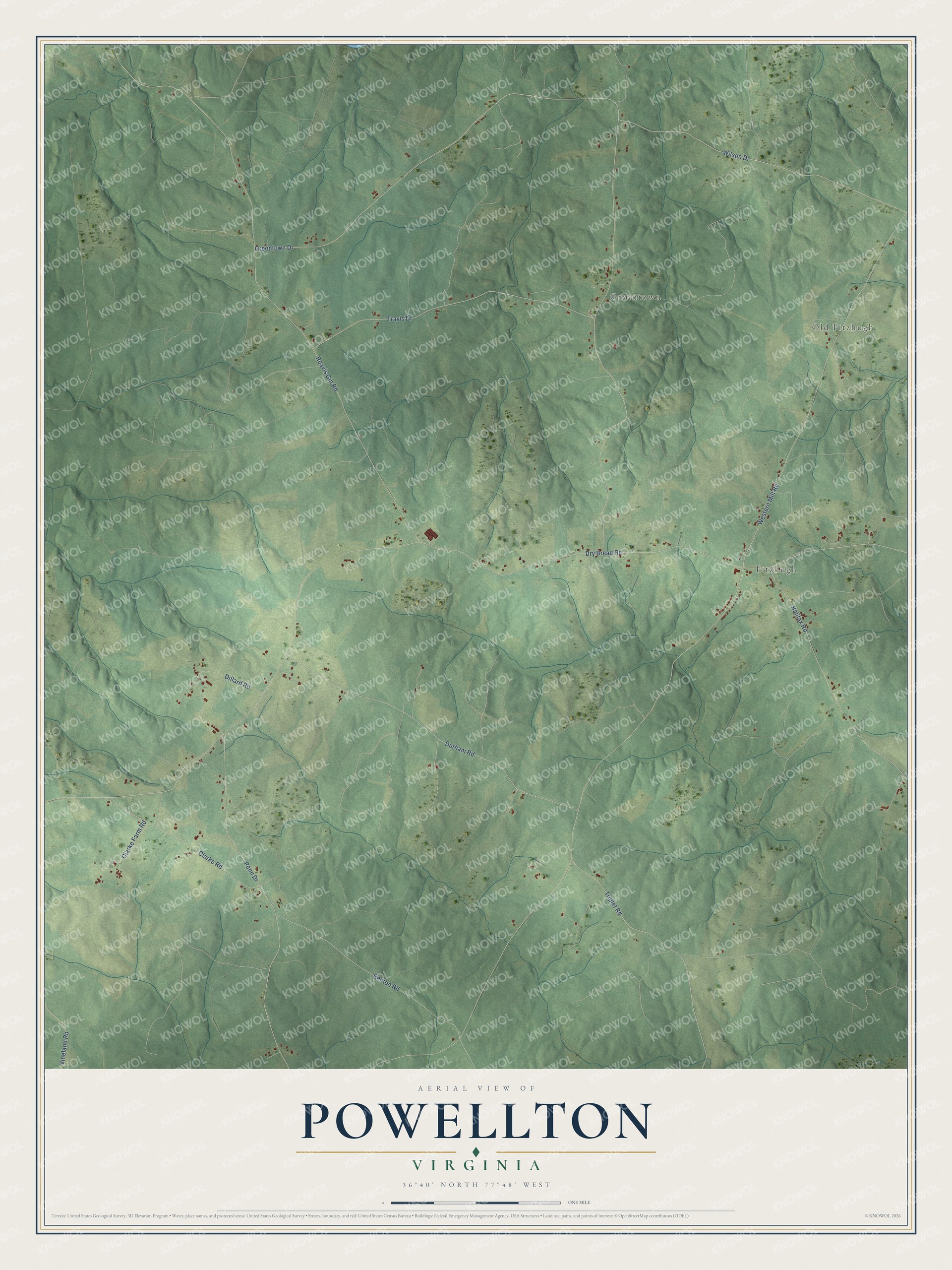 Full map of Powellton, Virginia, with red buildings, printed street names and the land around them