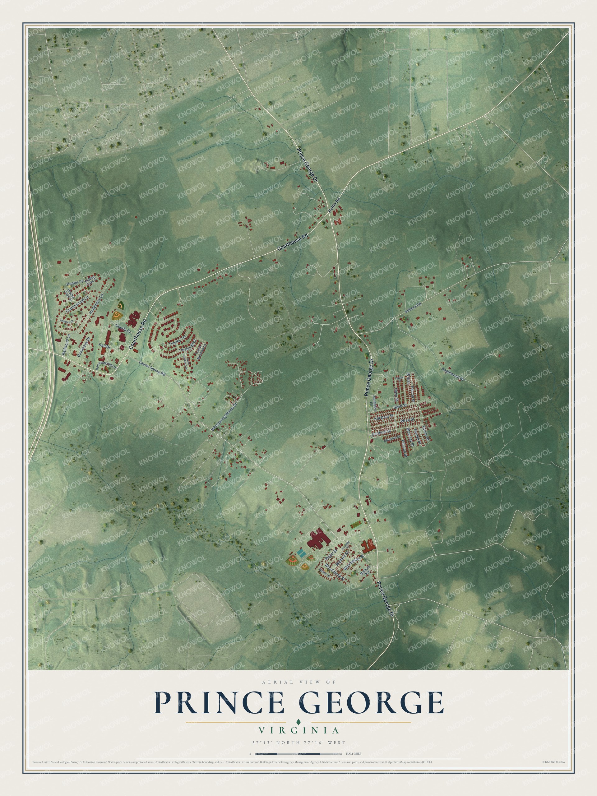 Full map of Prince George, Virginia, with red buildings, printed street names and the land around them