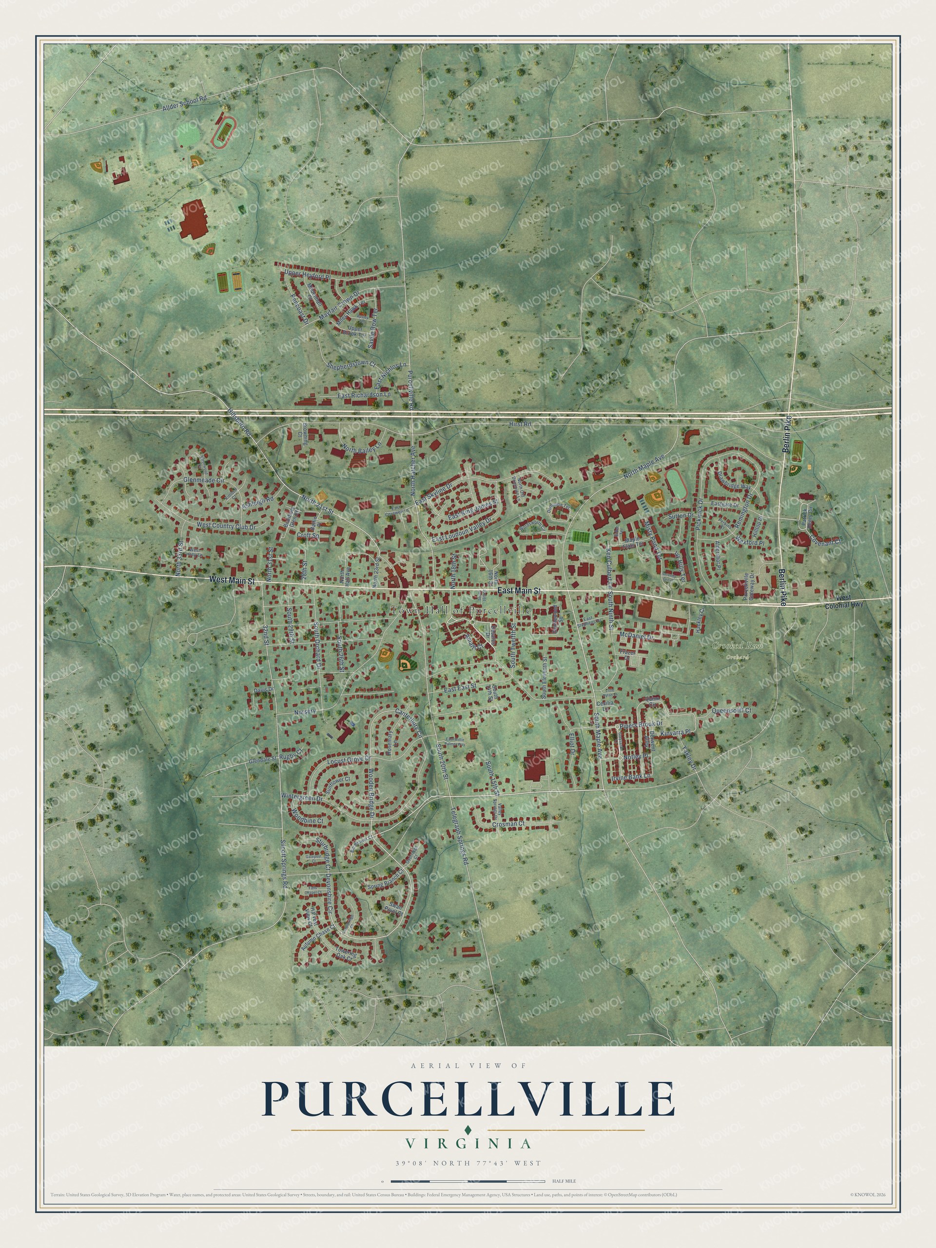 Full map of Purcellville, Virginia, with red buildings, printed street names and the land around them