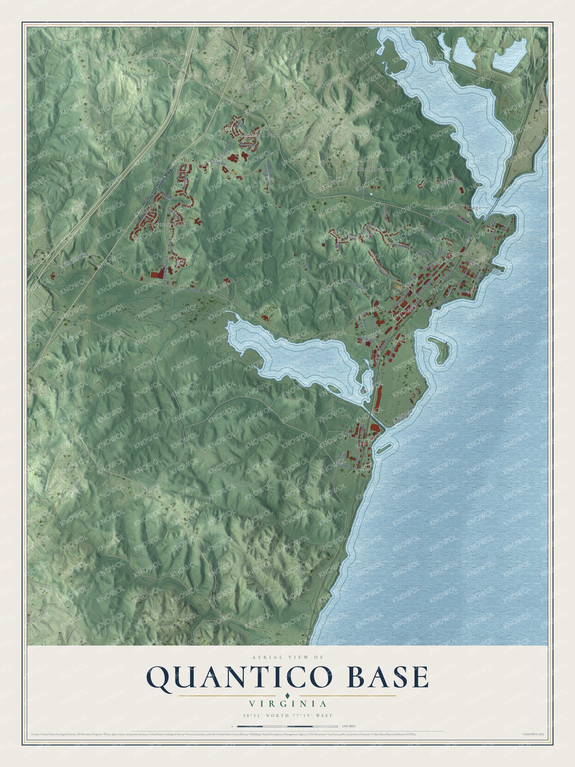 Full map of Quantico Base, Virginia, with red buildings, printed street names and the land around them