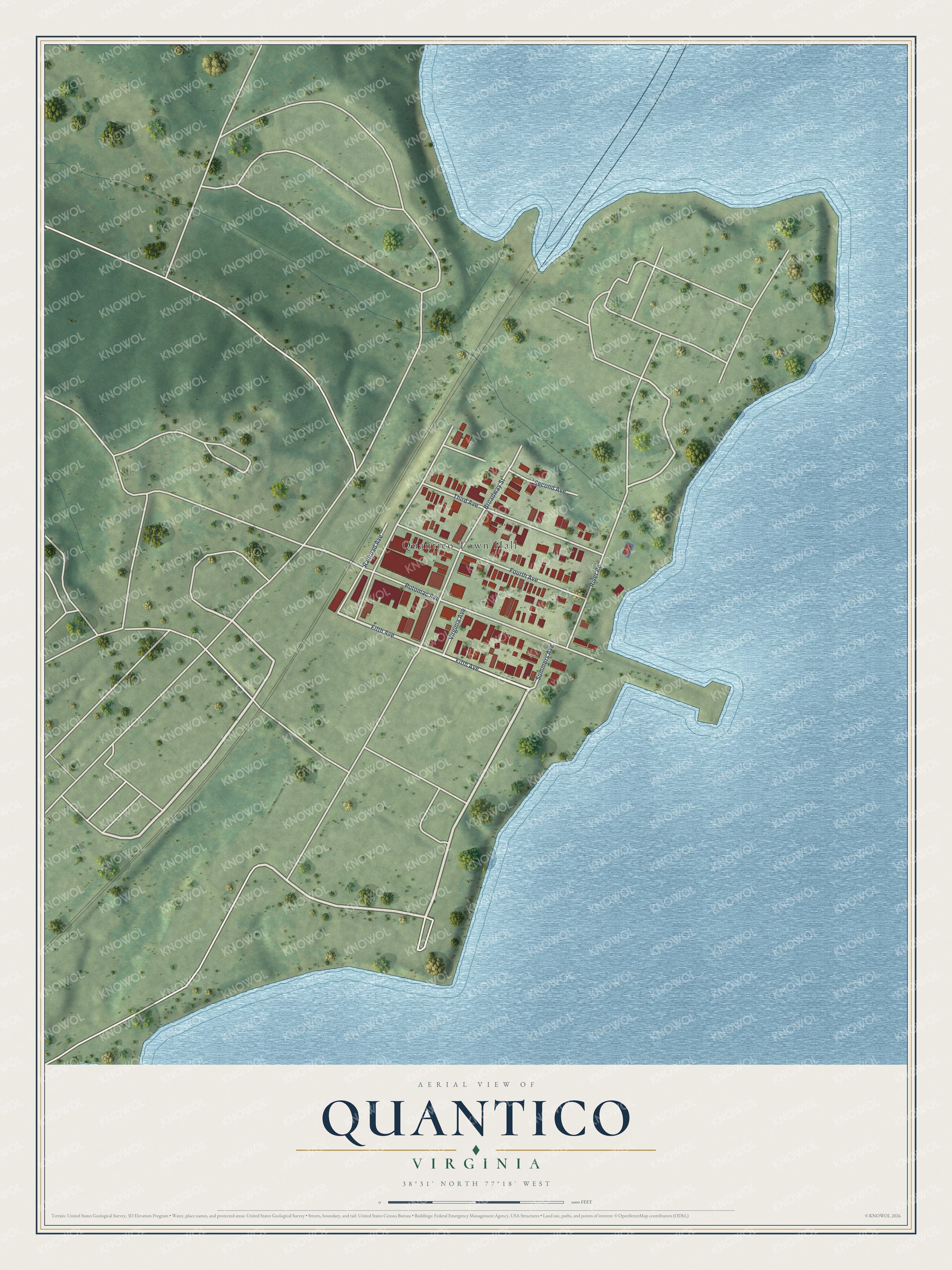 Full map of Quantico, Virginia, with red buildings, printed street names and the land around them