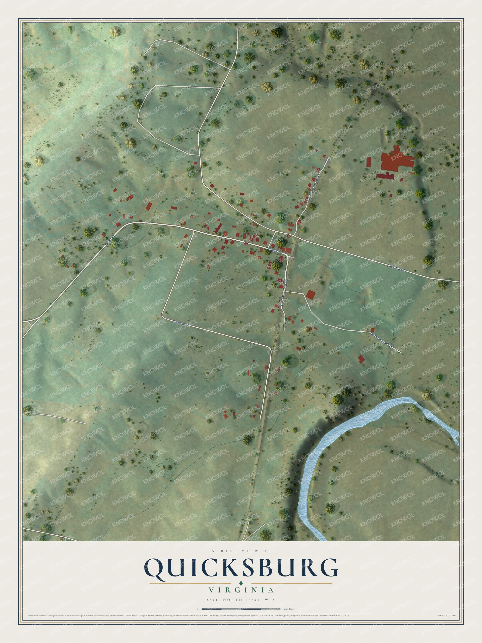 Full map of Quicksburg, Virginia, with red buildings, printed street names and the land around them