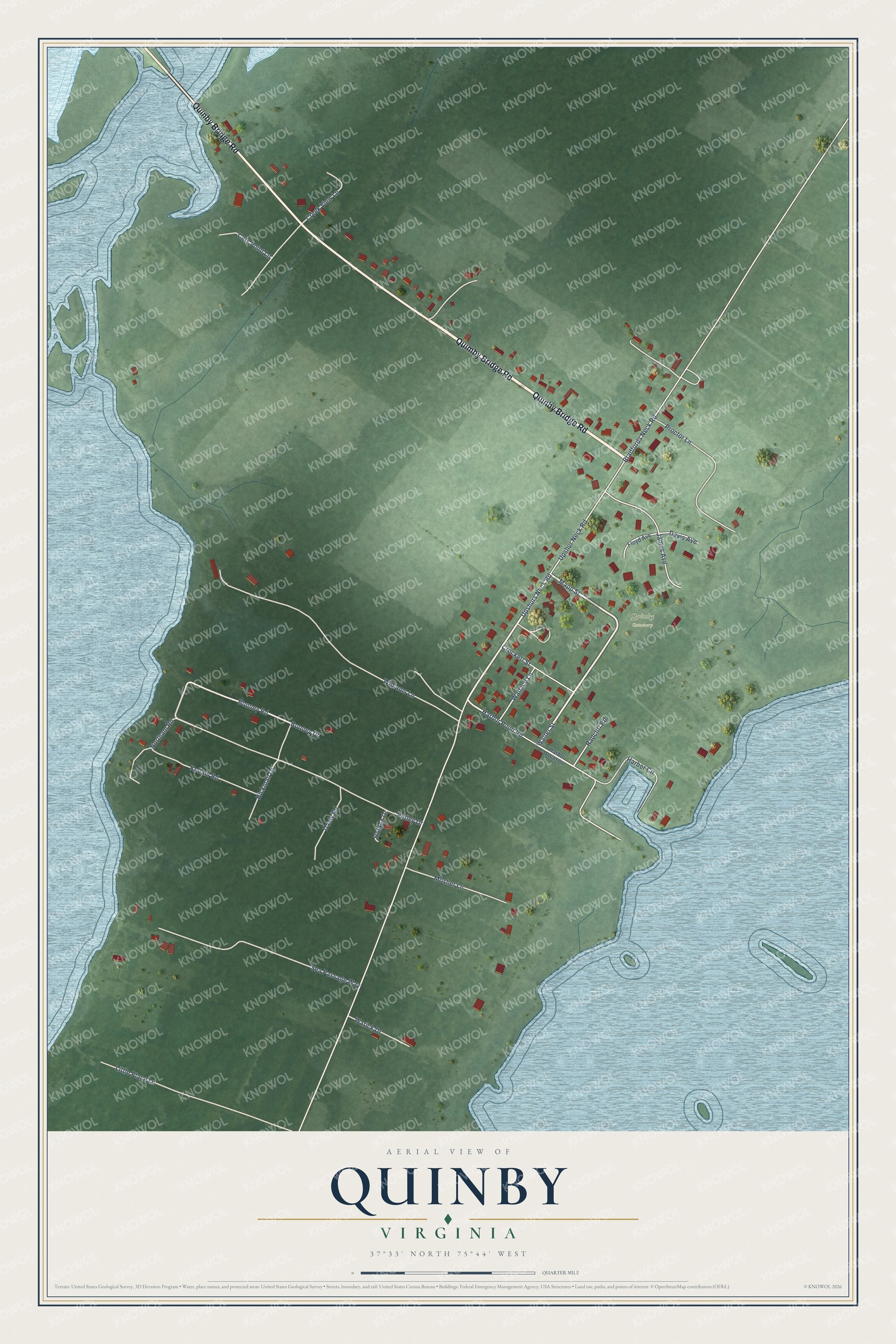 Full map of Quinby, Virginia, with red buildings, printed street names and the land around them