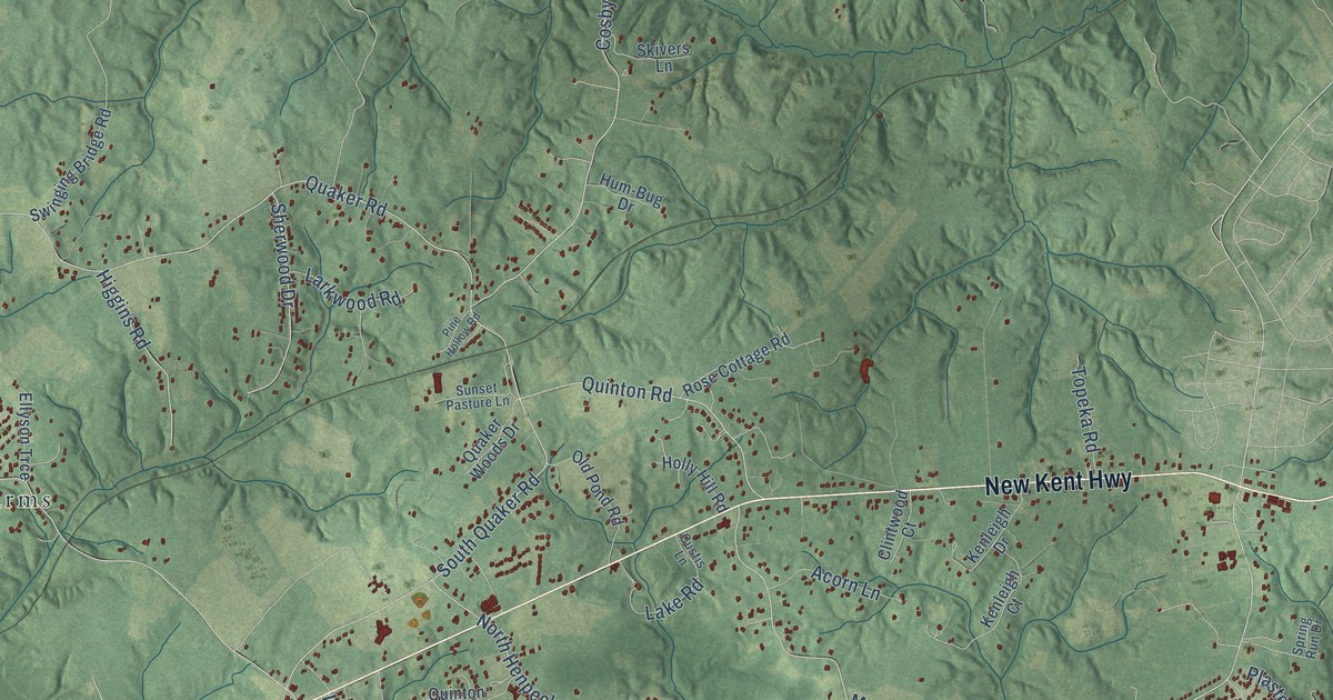 Close-up of streets and buildings in Quinton, Virginia