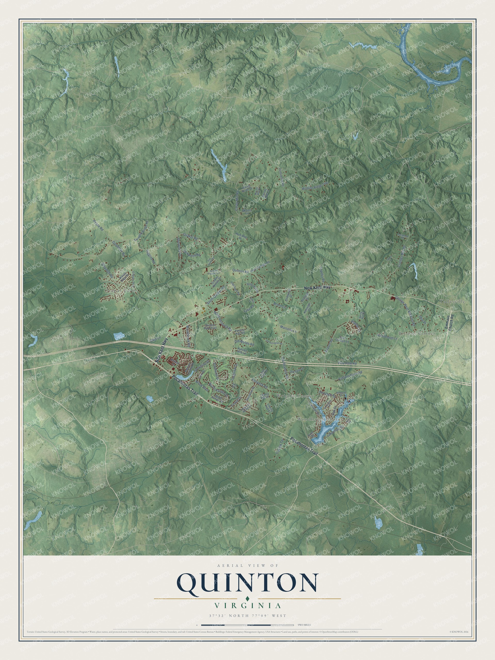 Full map of Quinton, Virginia, with red buildings, printed street names and the land around them