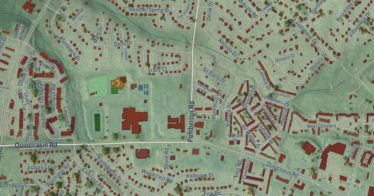 Close-up of streets and buildings in Quioccasin, Virginia
