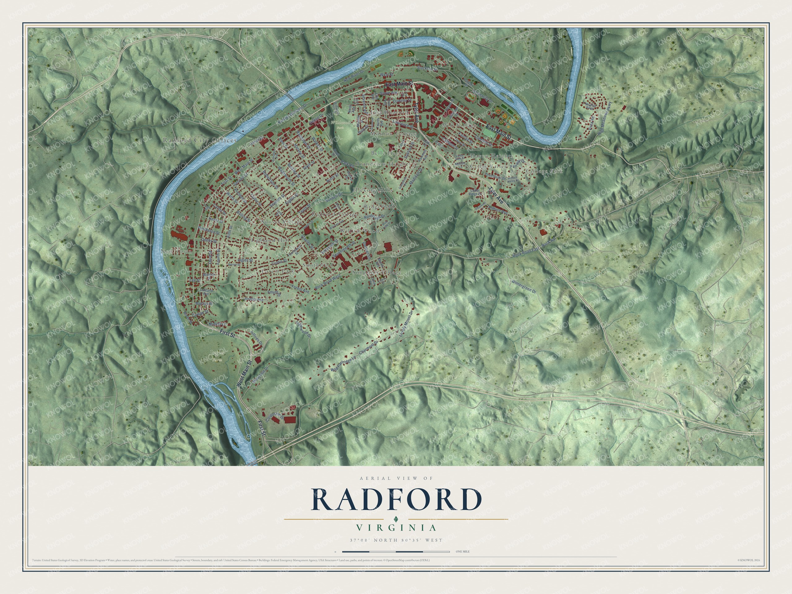 Full map of Radford, Virginia, with red buildings, printed street names and the land around them