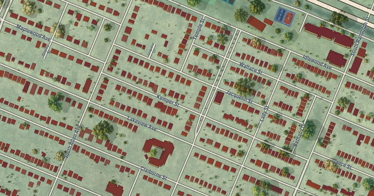 Close-up of streets and buildings in Randolph, Virginia