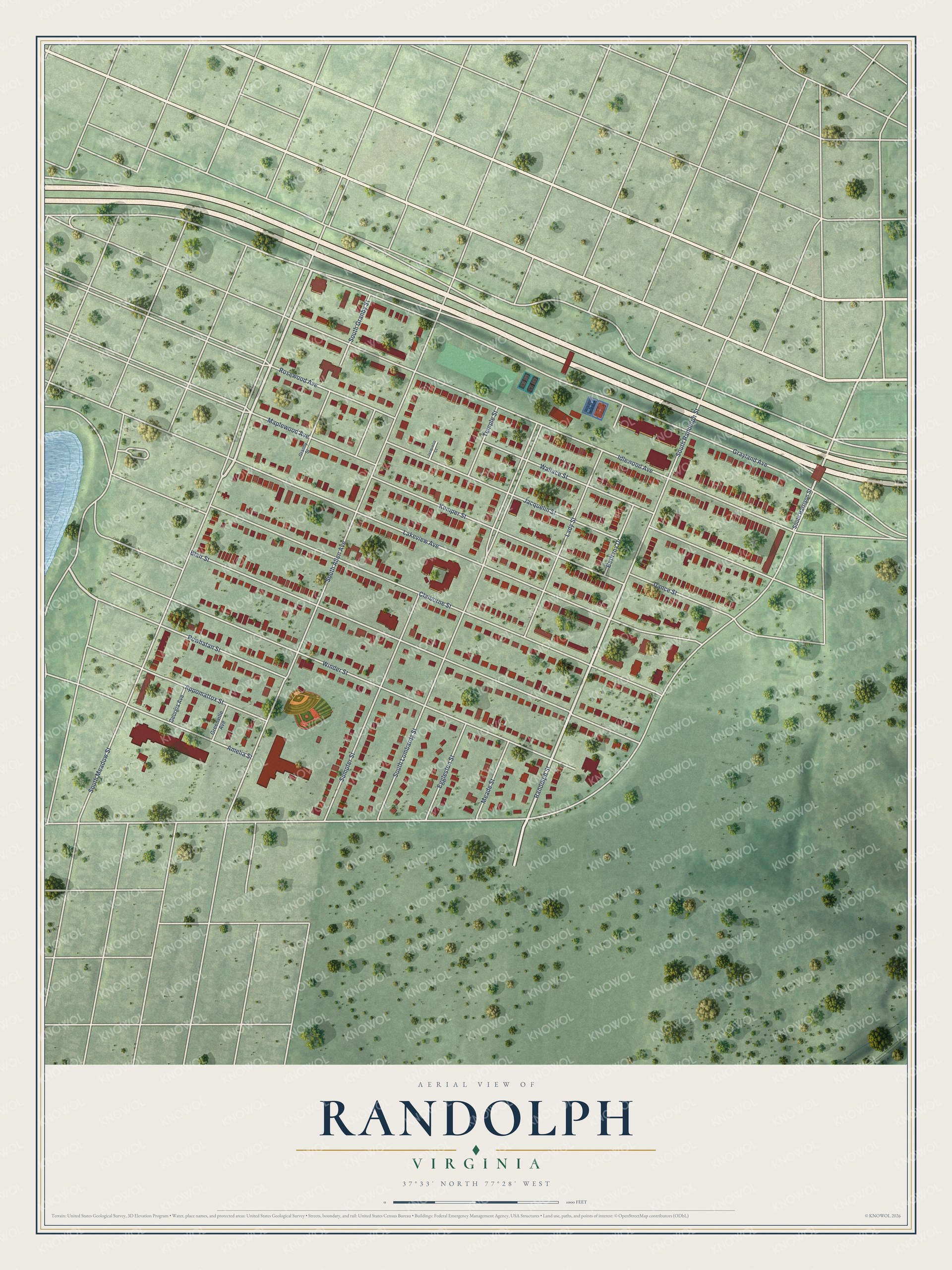 Full map of Randolph, Virginia, with red buildings, printed street names and the land around them