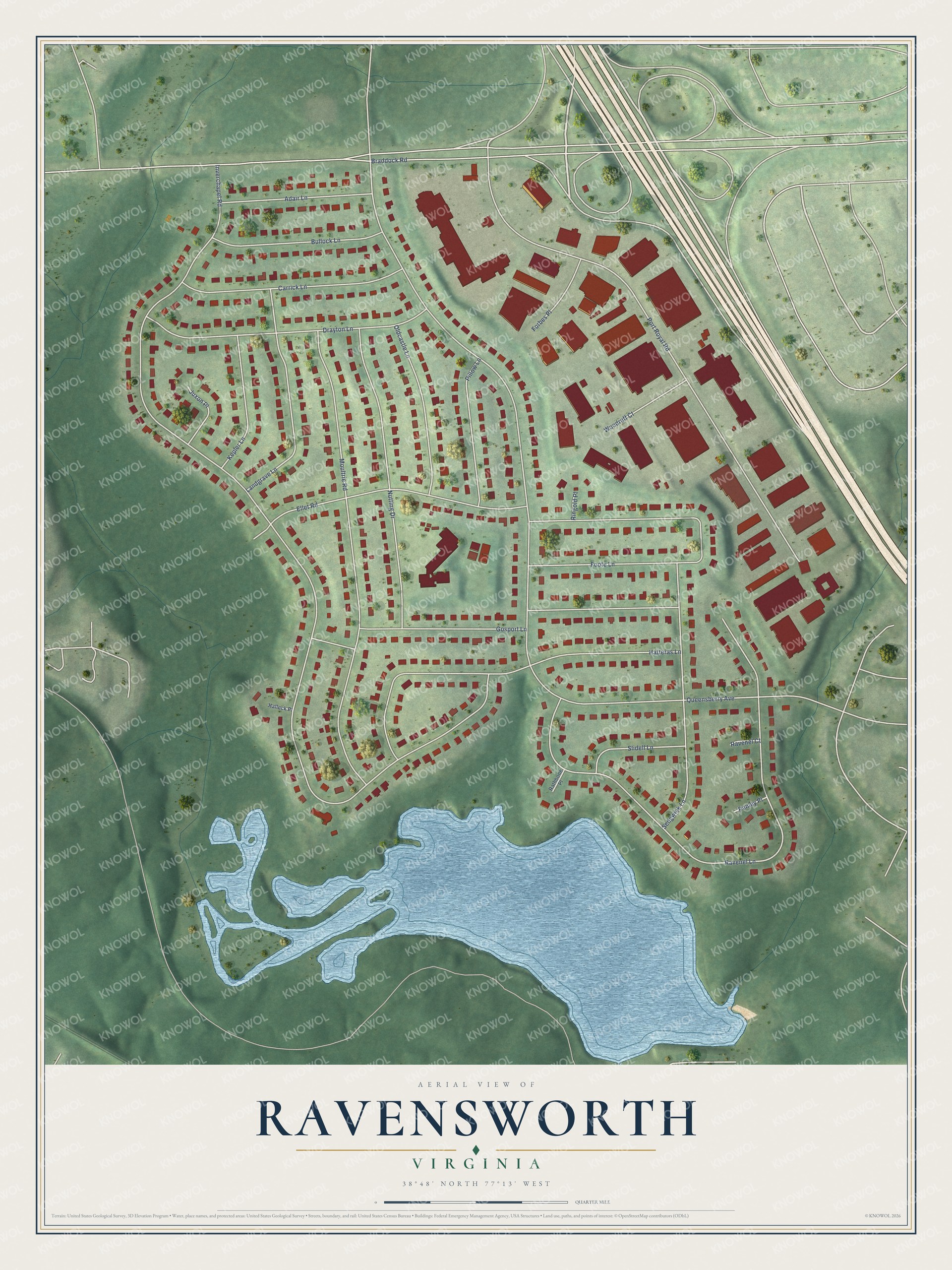 Full map of Ravensworth, Virginia, with red buildings, printed street names and the land around them