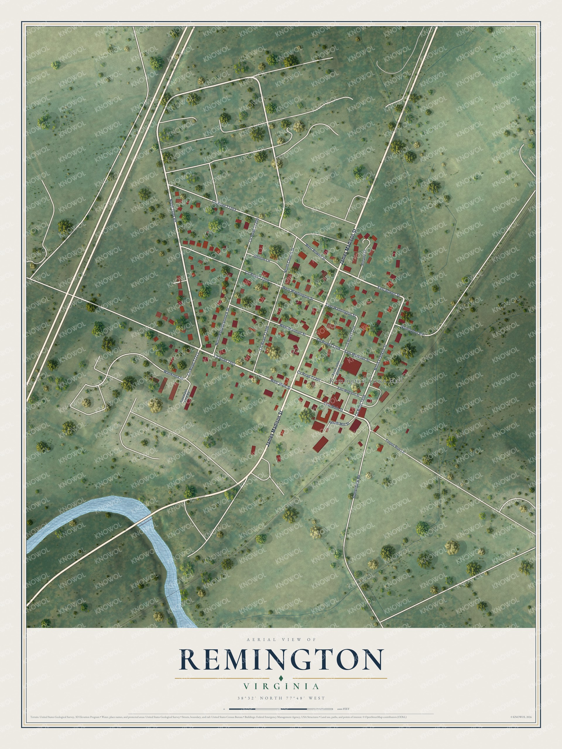 Full map of Remington, Virginia, with red buildings, printed street names and the land around them