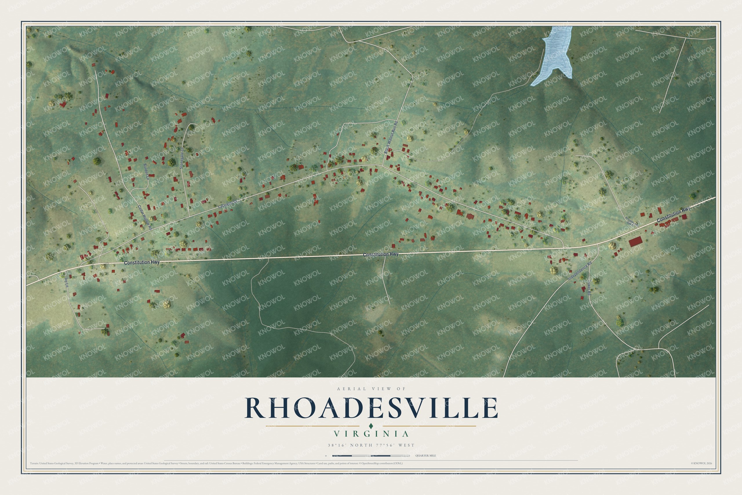 Full map of Rhoadesville, Virginia, with red buildings, printed street names and the land around them
