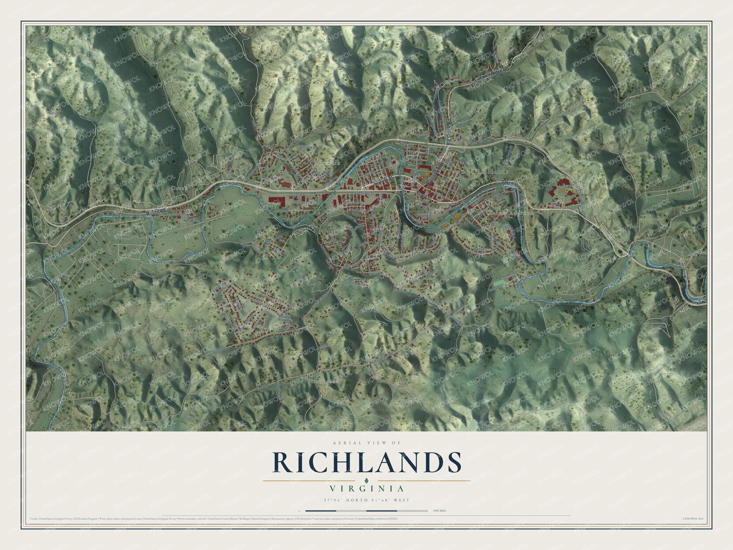Full map of Richlands, Virginia, with red buildings, printed street names and the land around them