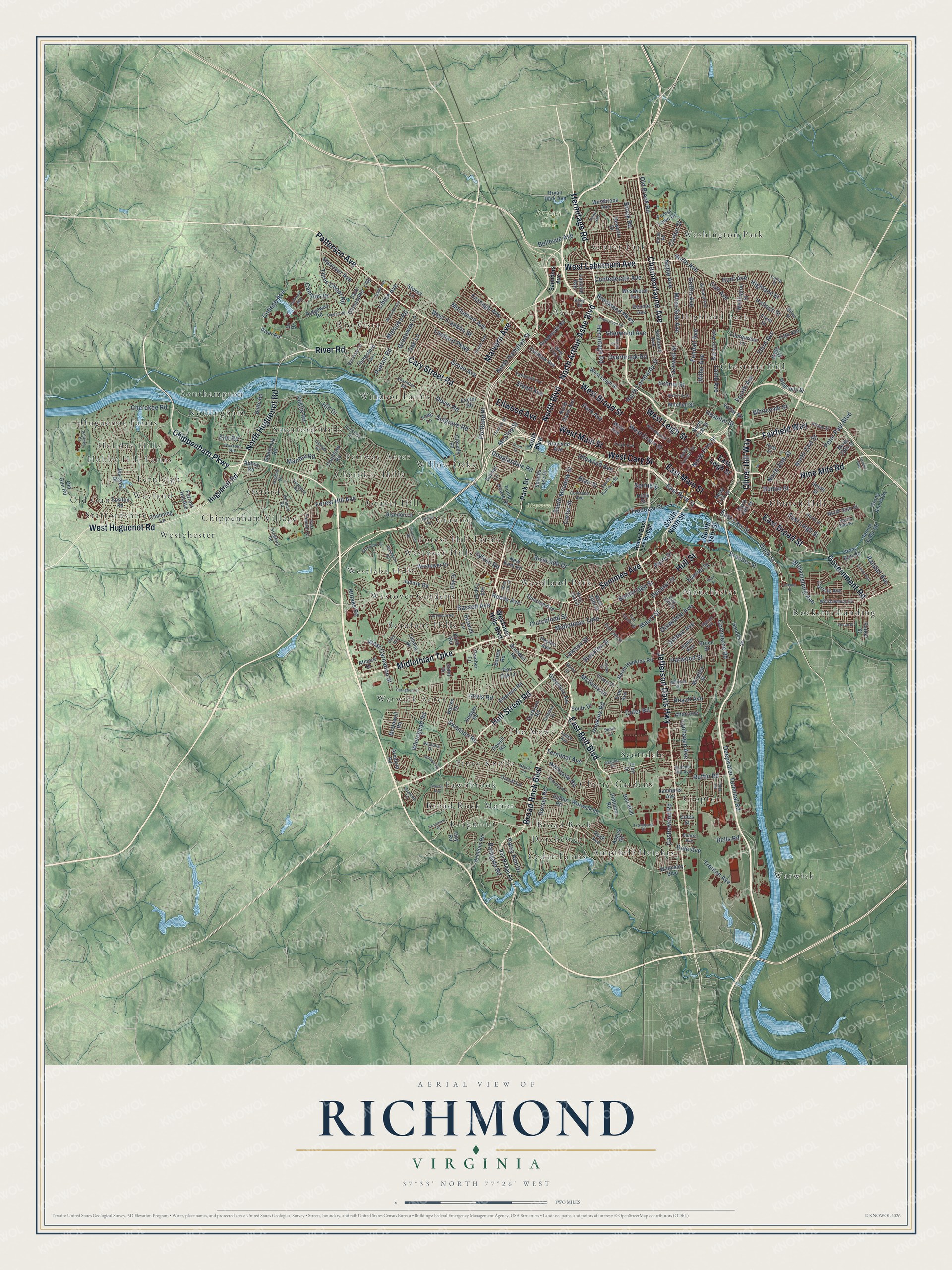 Full map of Richmond, Virginia, with red buildings, printed street names and the land around them