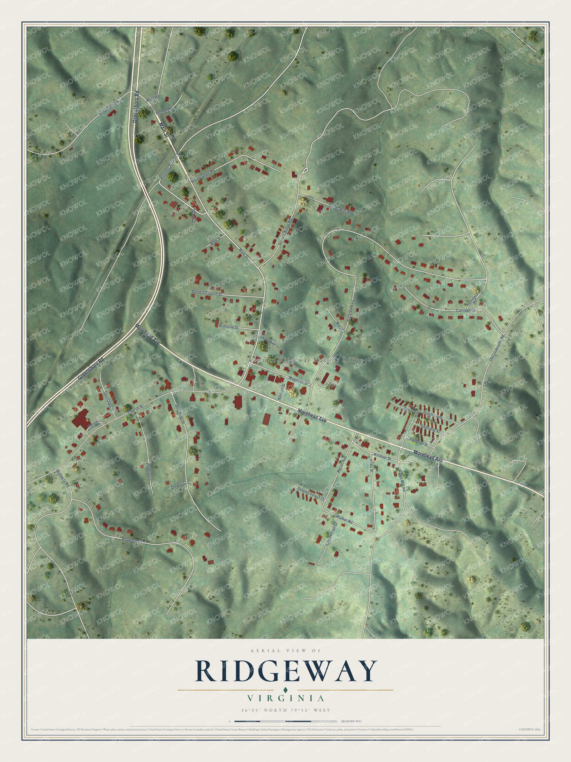 Full map of Ridgeway, Virginia, with red buildings, printed street names and the land around them