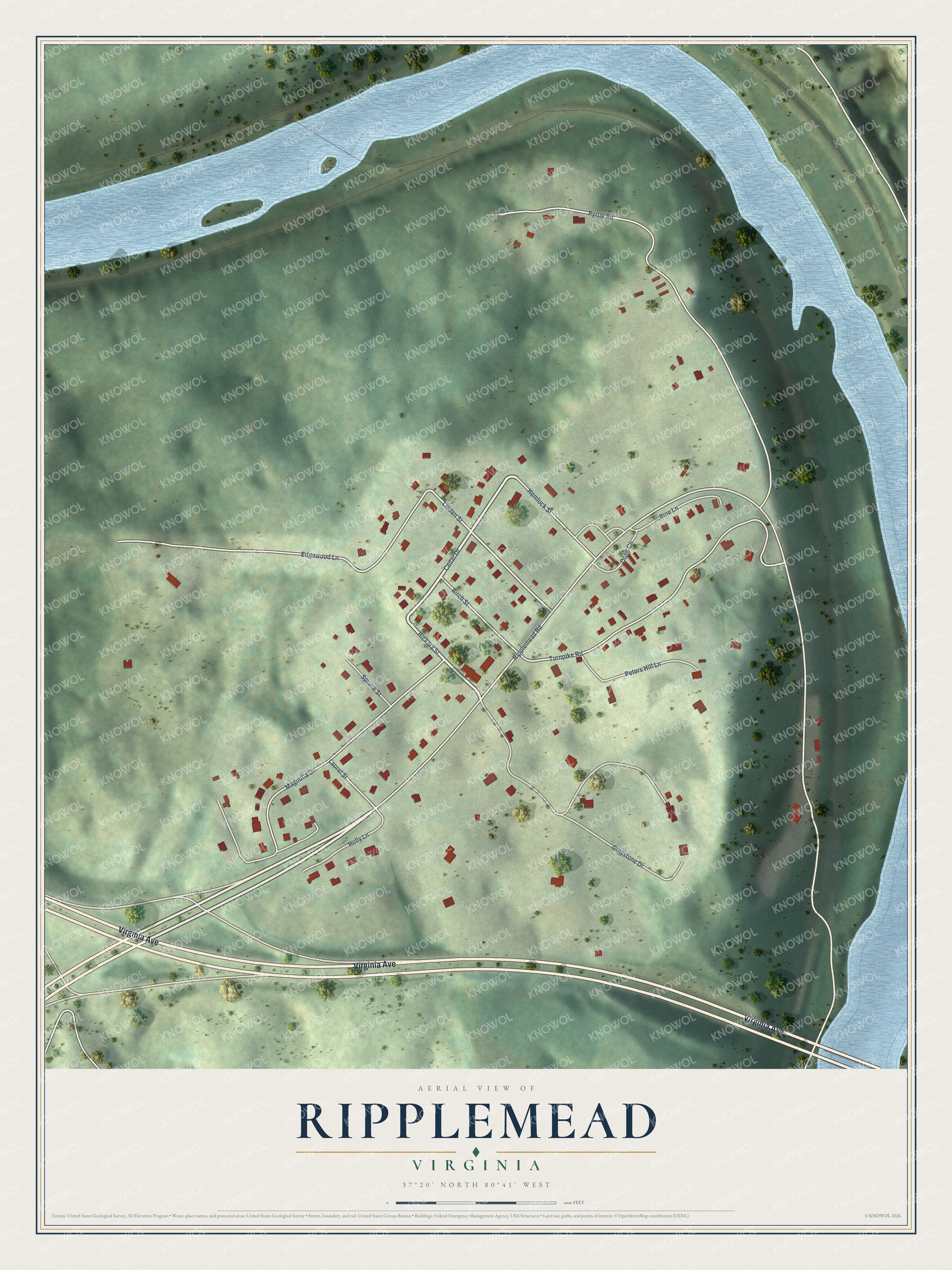 Full map of Ripplemead, Virginia, with red buildings, printed street names and the land around them