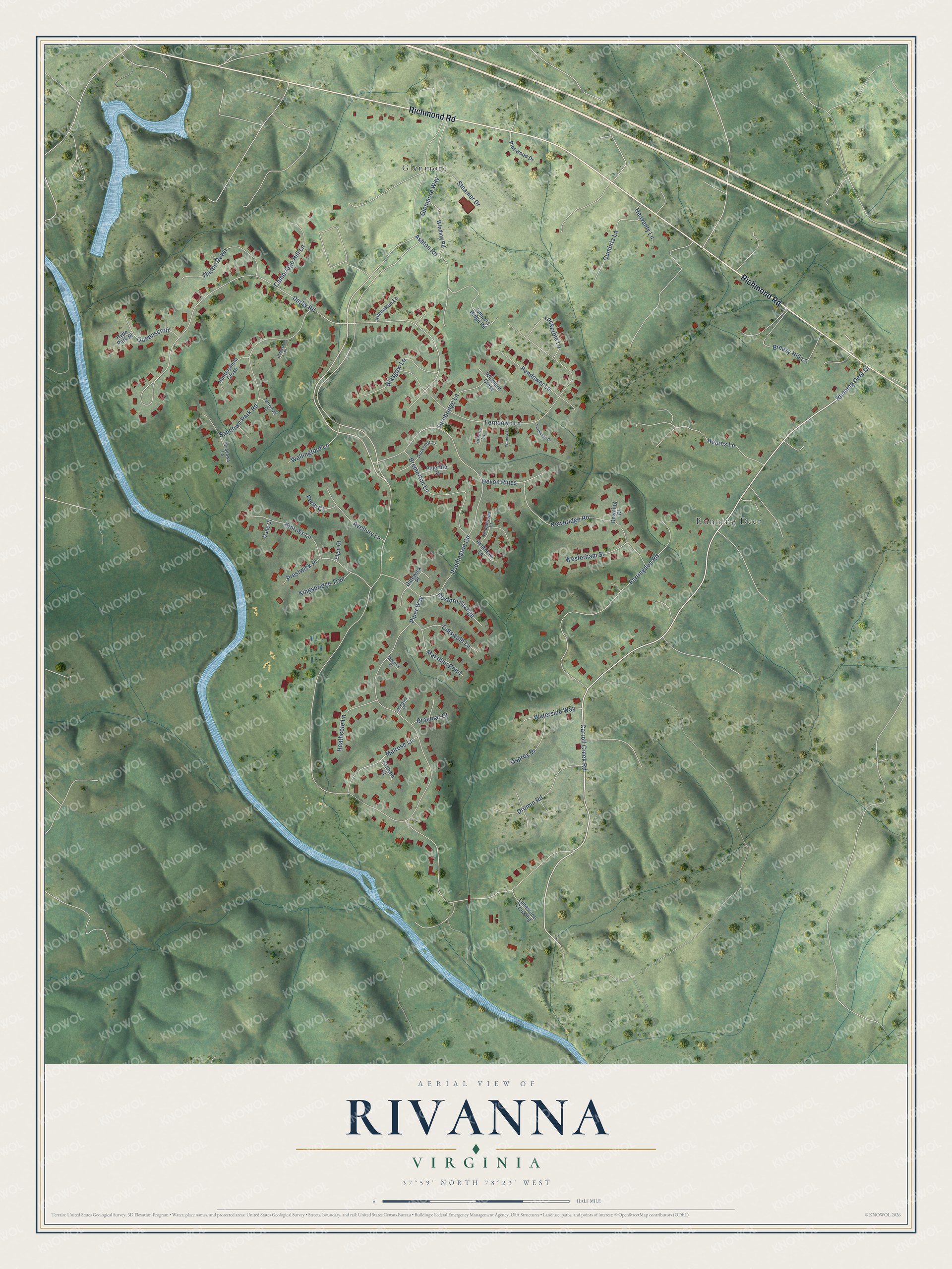 Full map of Rivanna, Virginia, with red buildings, printed street names and the land around them