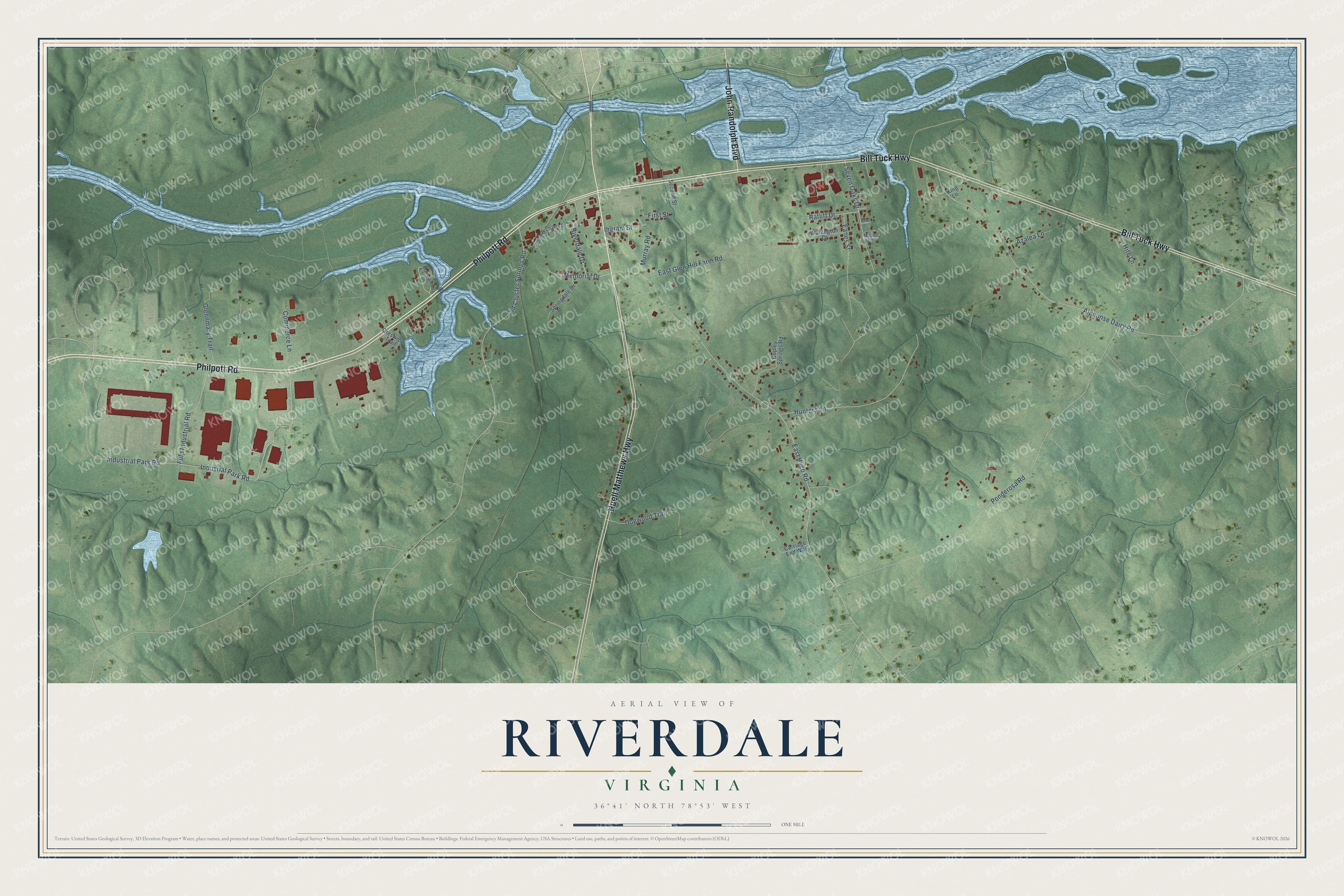 Full map of Riverdale, Virginia, with red buildings, printed street names and the land around them