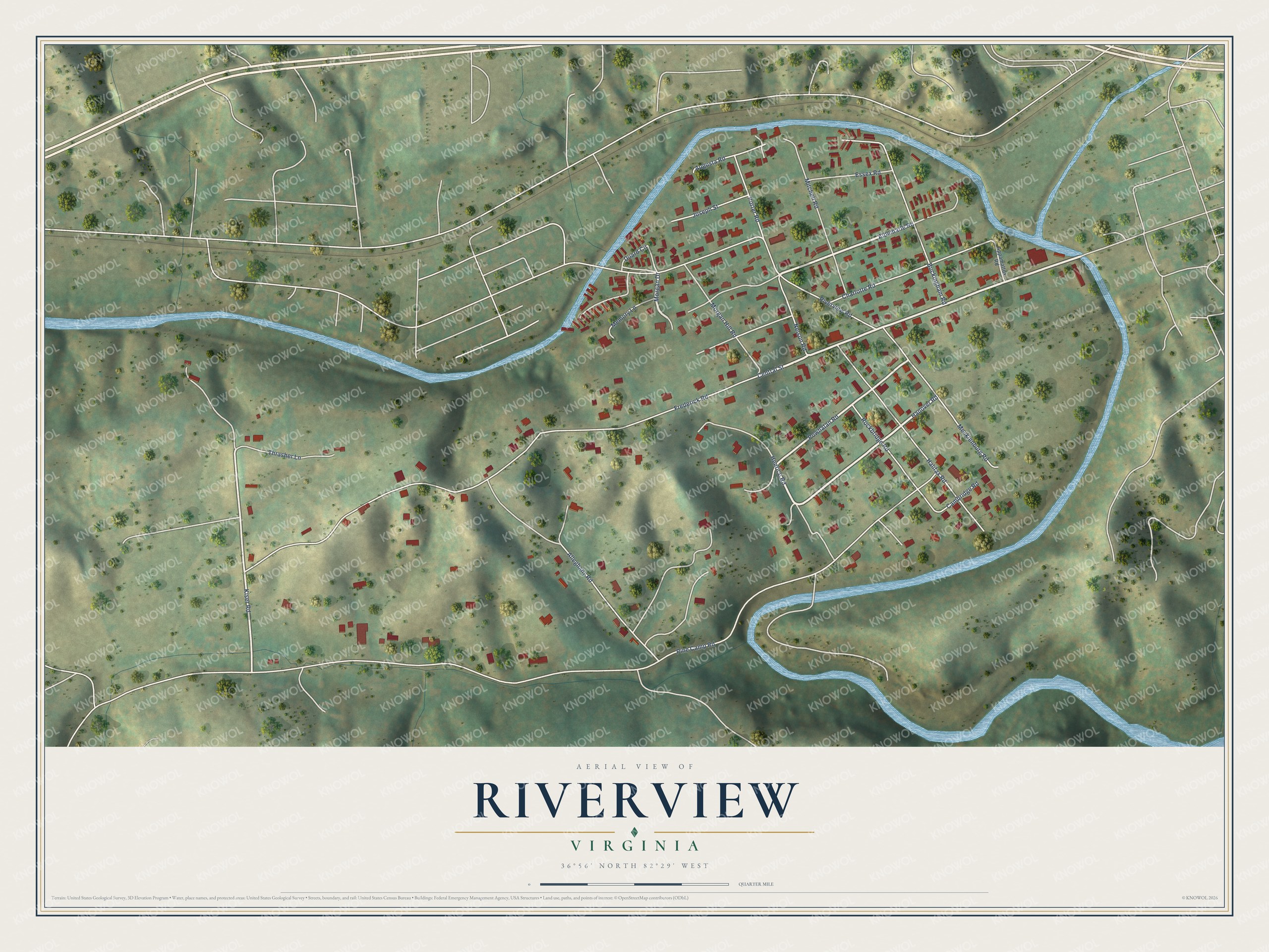 Full map of Riverview, Virginia, with red buildings, printed street names and the land around them