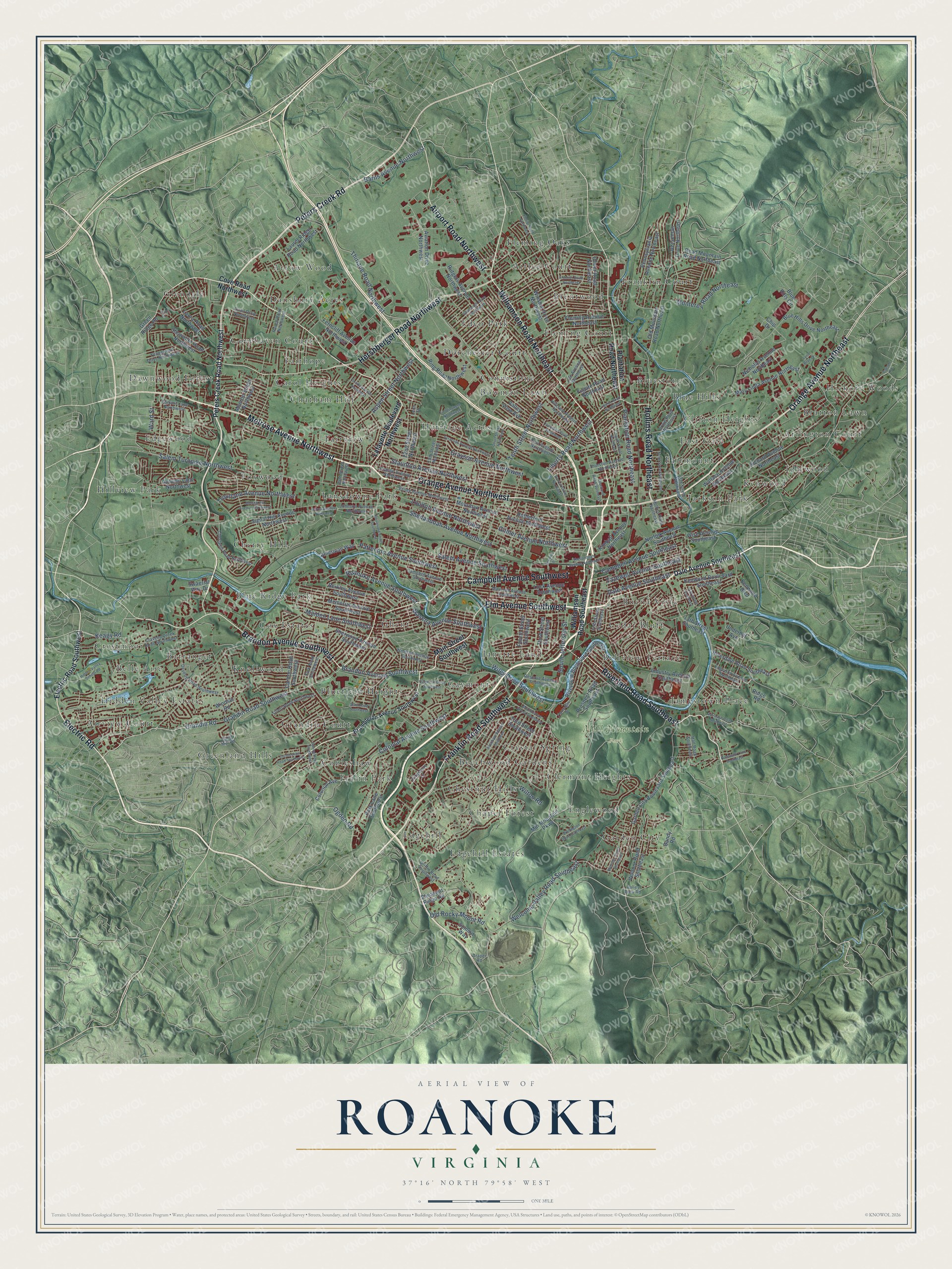 Full map of Roanoke, Virginia, with red buildings, printed street names and the land around them