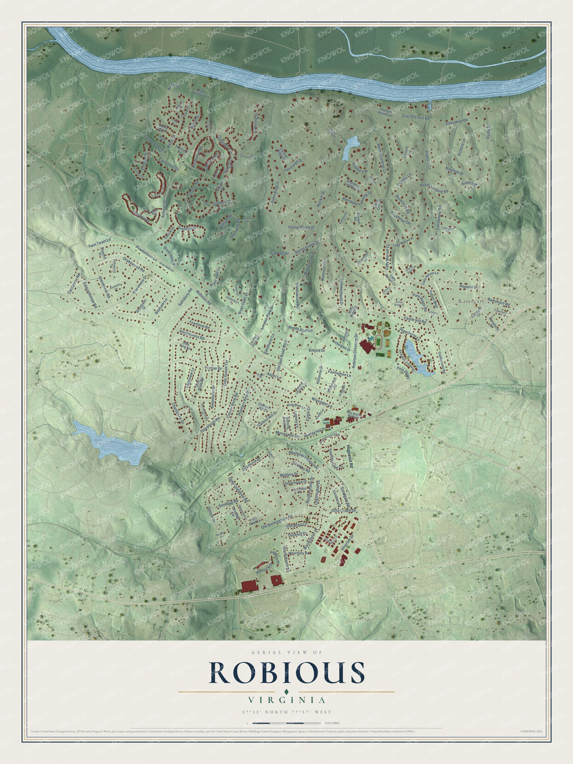 Full map of Robious, Virginia, with red buildings, printed street names and the land around them