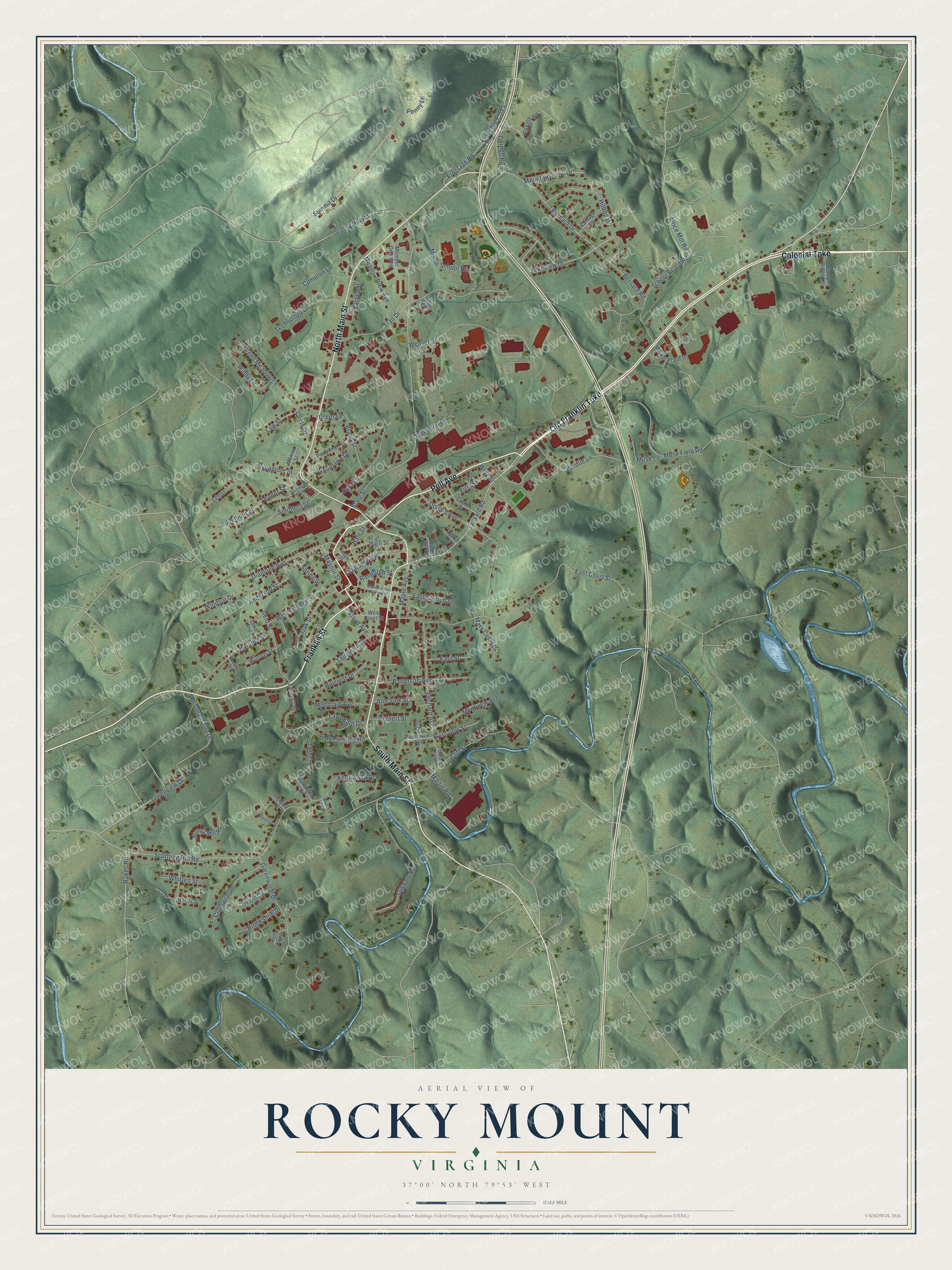Full map of Rocky Mount, Virginia, with red buildings, printed street names and the land around them