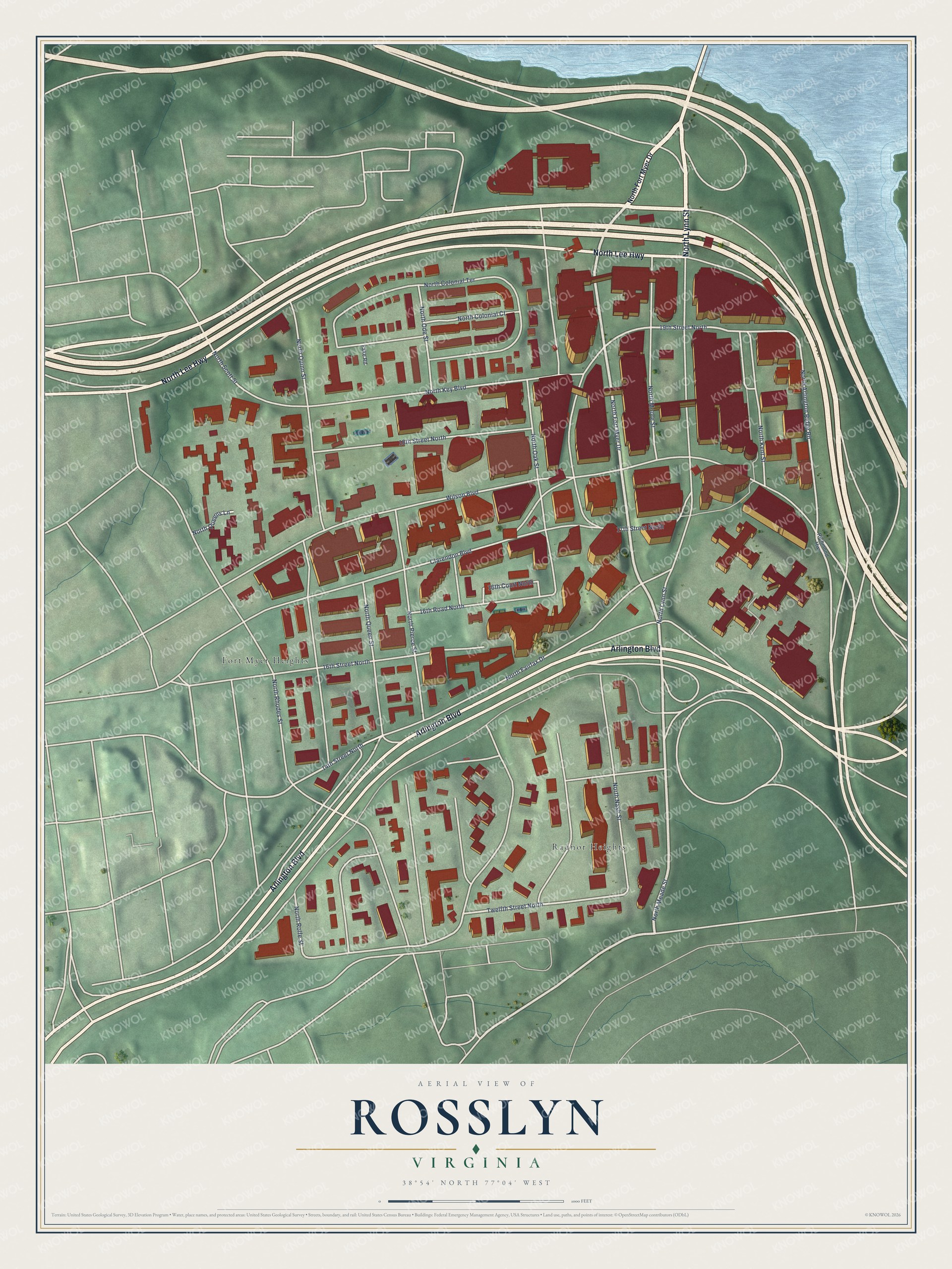 Full map of Rosslyn, Virginia, with red buildings, printed street names and the land around them