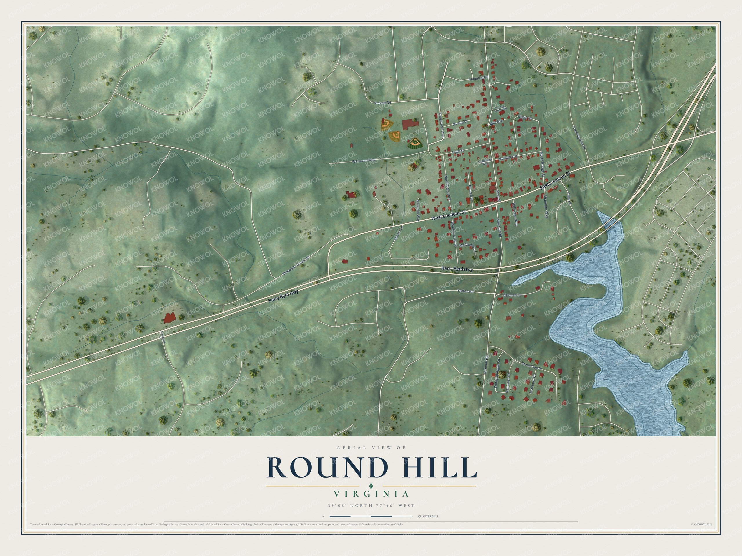 Full map of Round Hill, Virginia, with red buildings, printed street names and the land around them