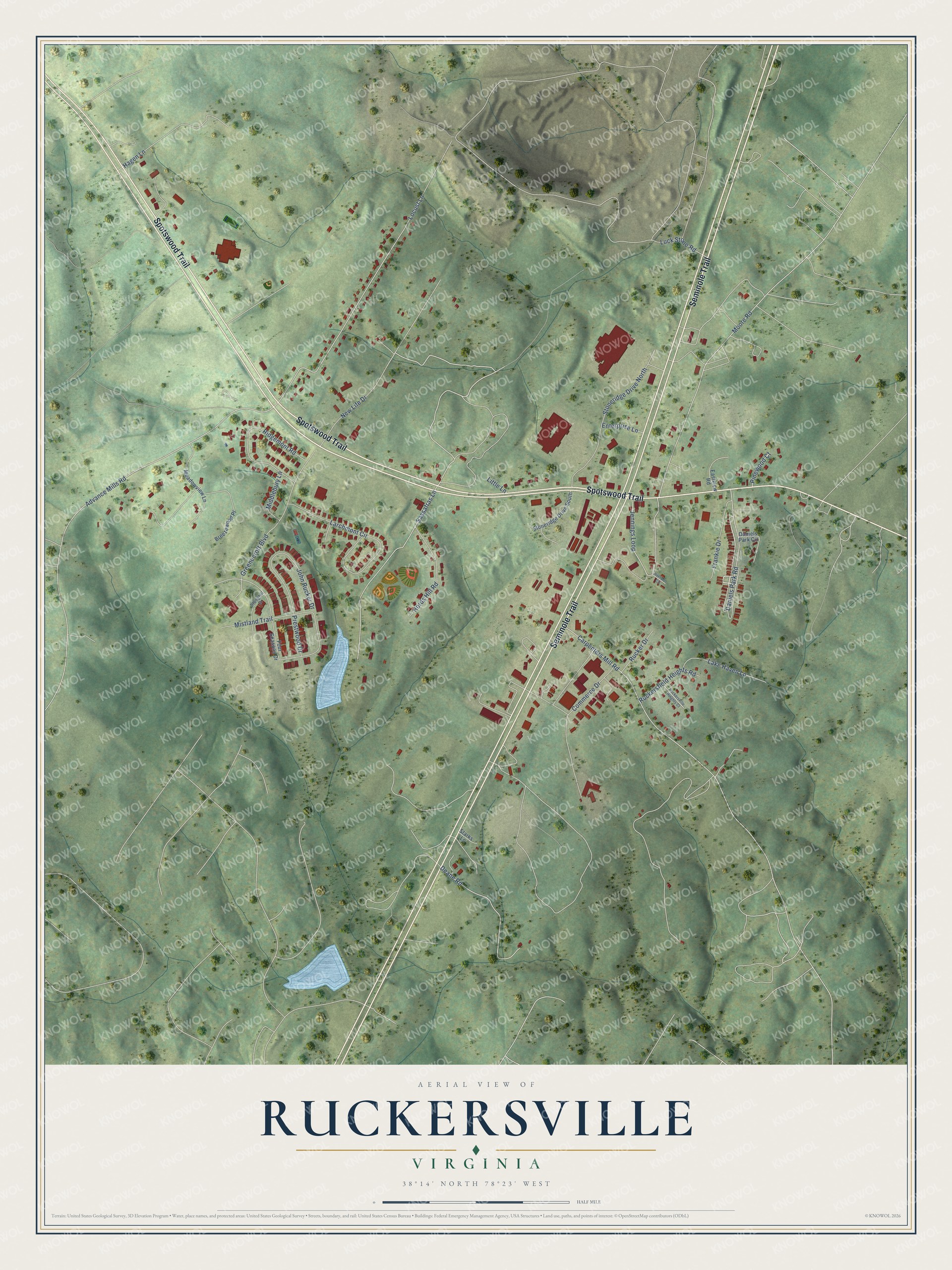 Full map of Ruckersville, Virginia, with red buildings, printed street names and the land around them