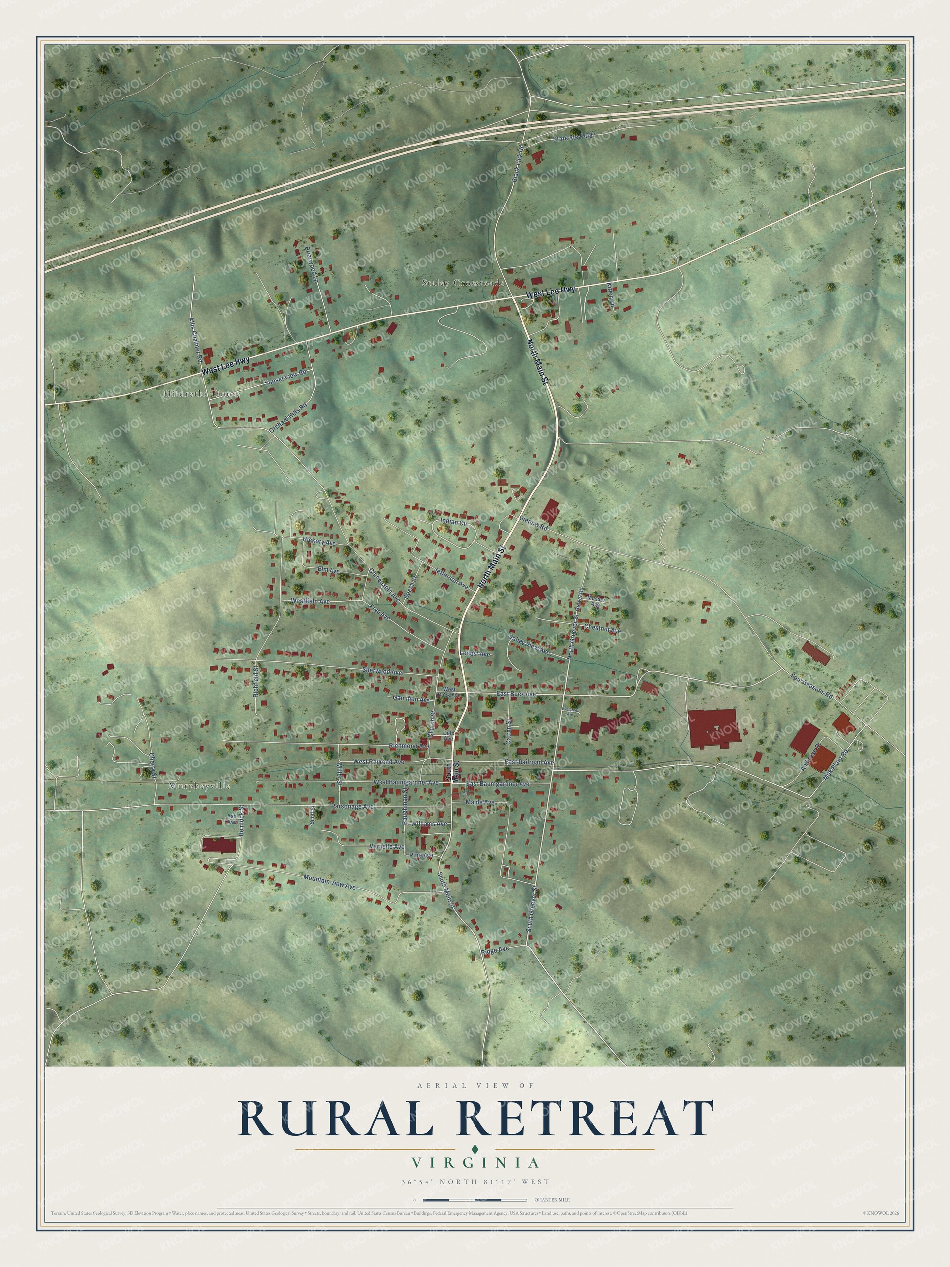 Full map of Rural Retreat, Virginia, with red buildings, printed street names and the land around them