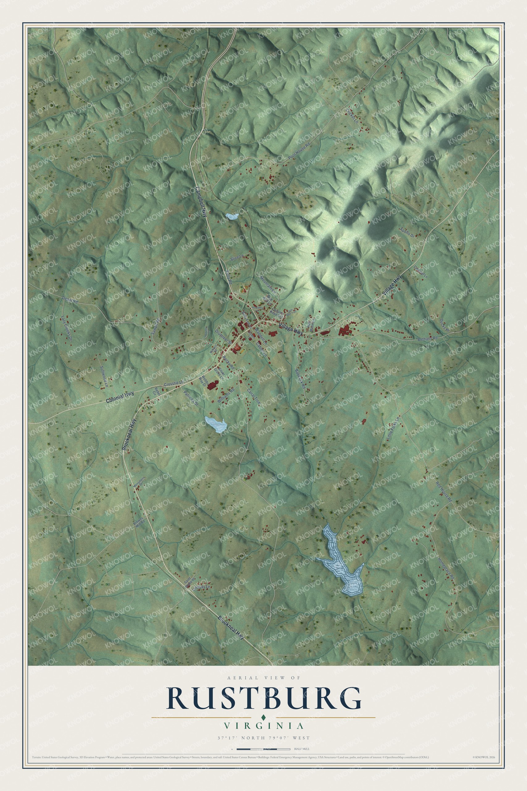 Full map of Rustburg, Virginia, with red buildings, printed street names and the land around them