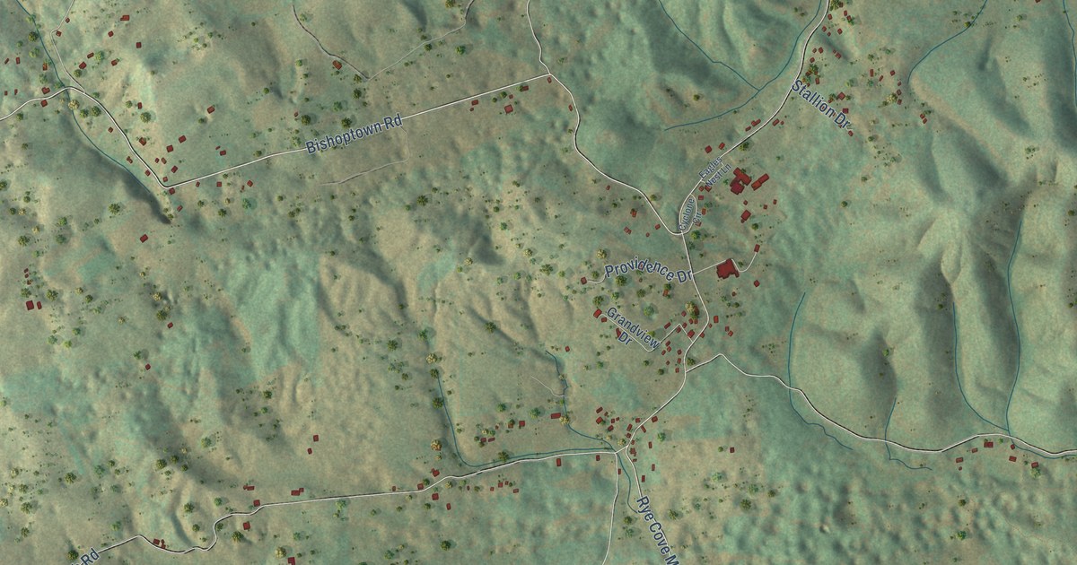 Close-up of streets and buildings in Rye Cove, Virginia
