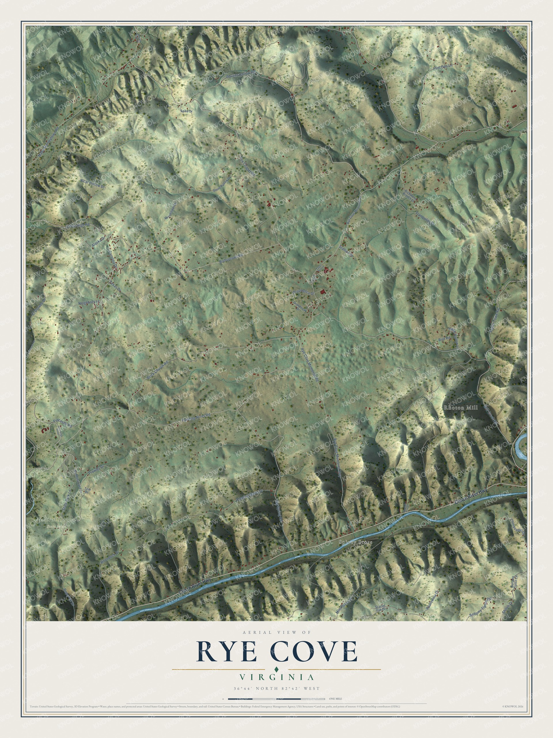Full map of Rye Cove, Virginia, with red buildings, printed street names and the land around them