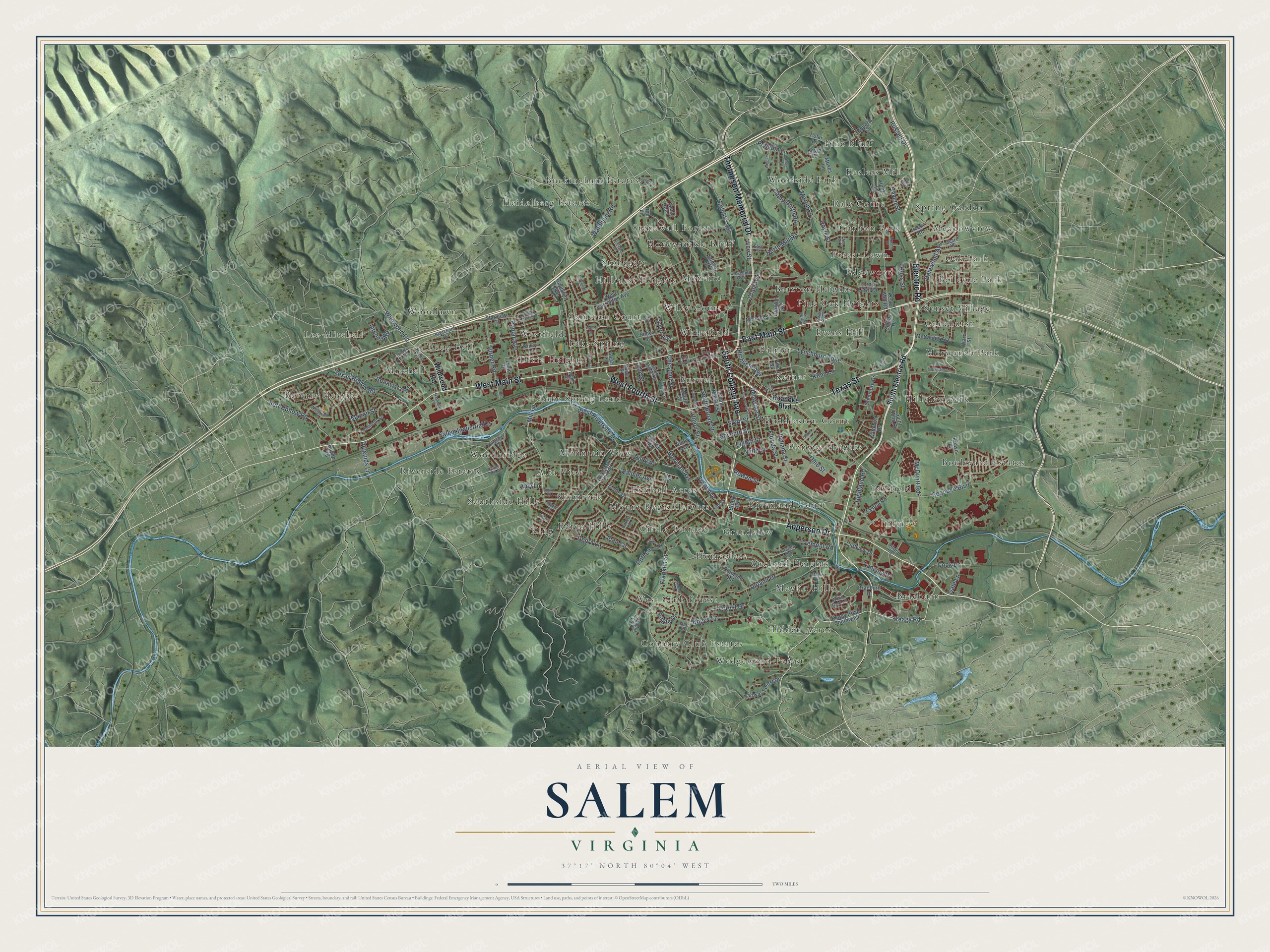 Full map of Salem, Virginia, with red buildings, printed street names and the land around them