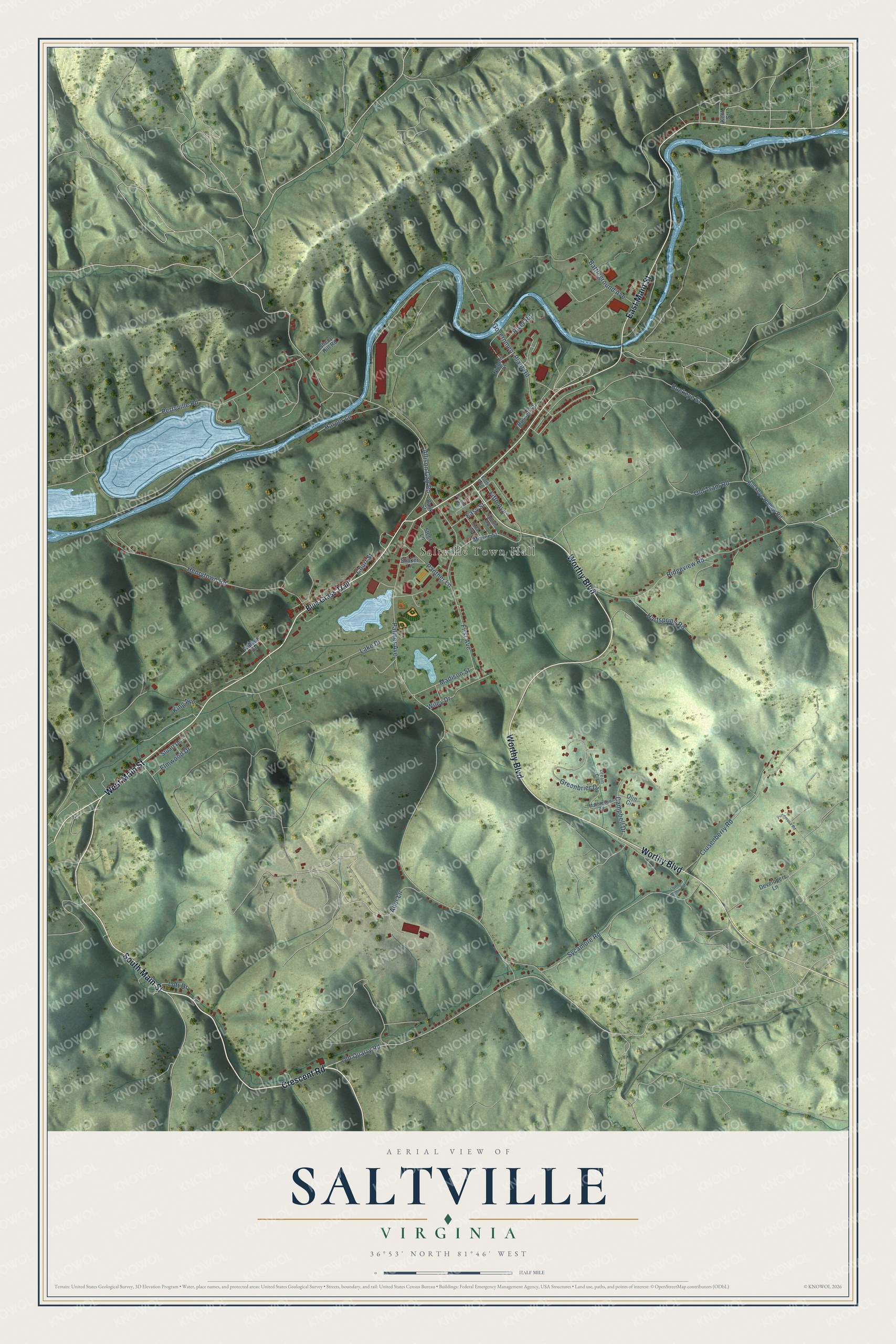 Full map of Saltville, Virginia, with red buildings, printed street names and the land around them