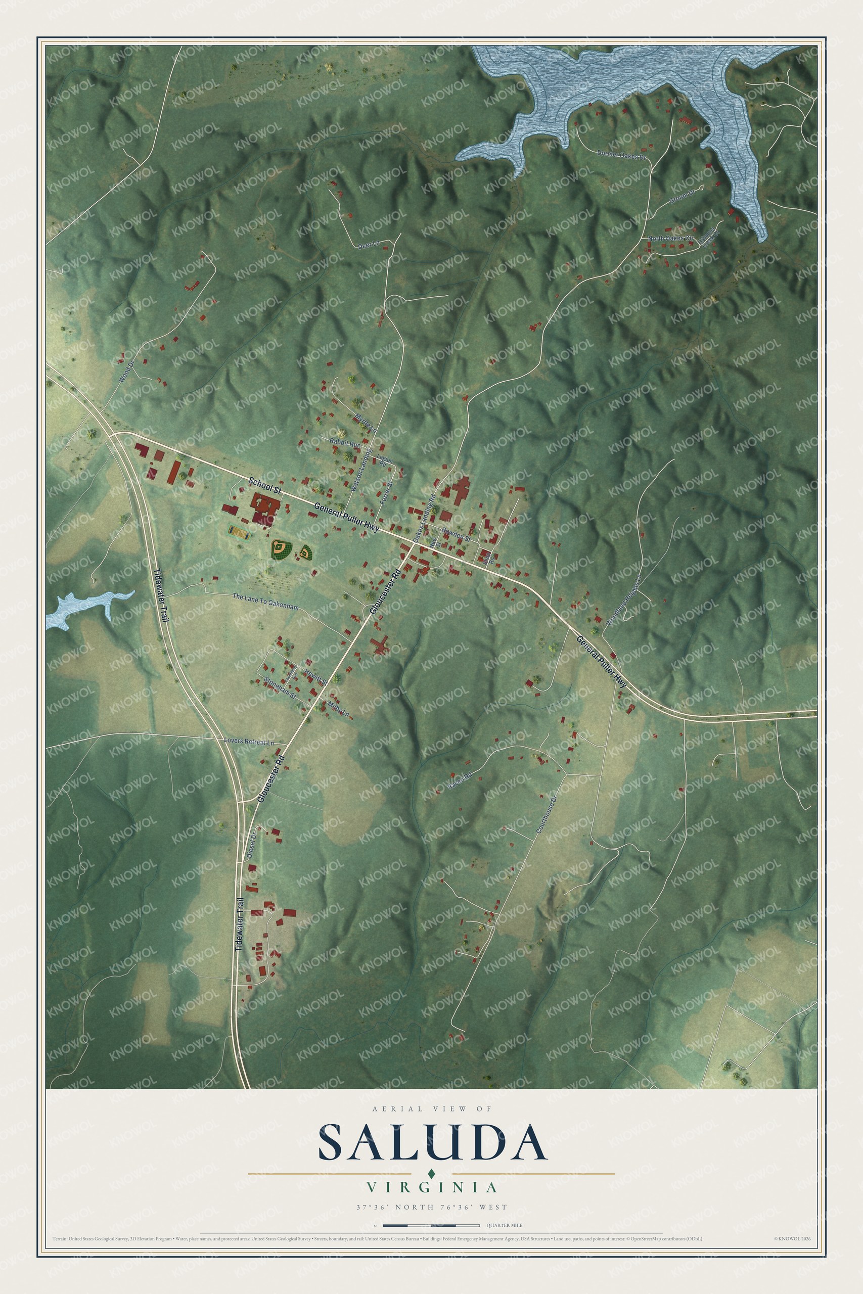 Full map of Saluda, Virginia, with red buildings, printed street names and the land around them