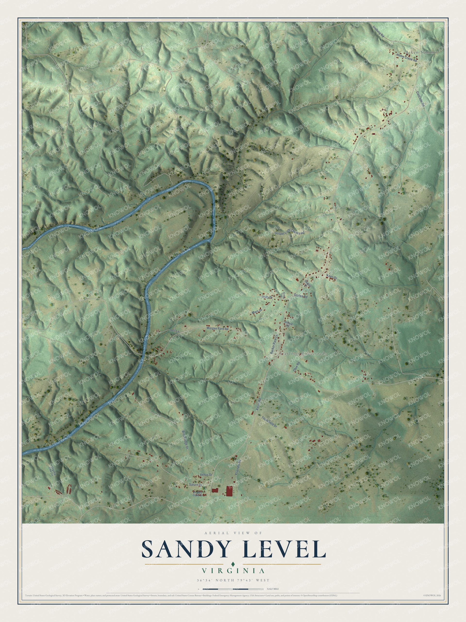 Full map of Sandy Level, Virginia, with red buildings, printed street names and the land around them