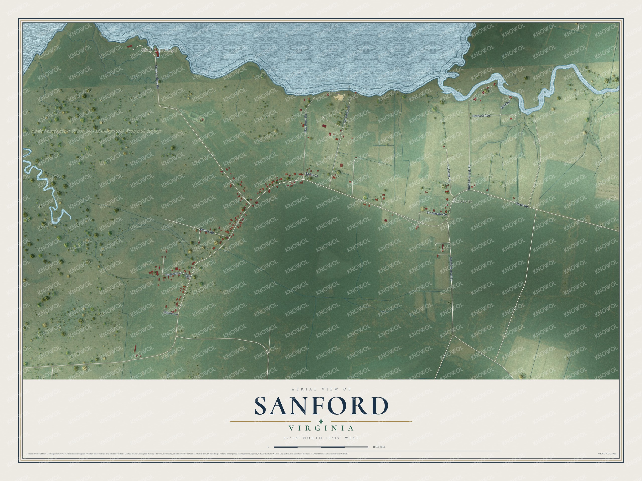 Full map of Sanford, Virginia, with red buildings, printed street names and the land around them