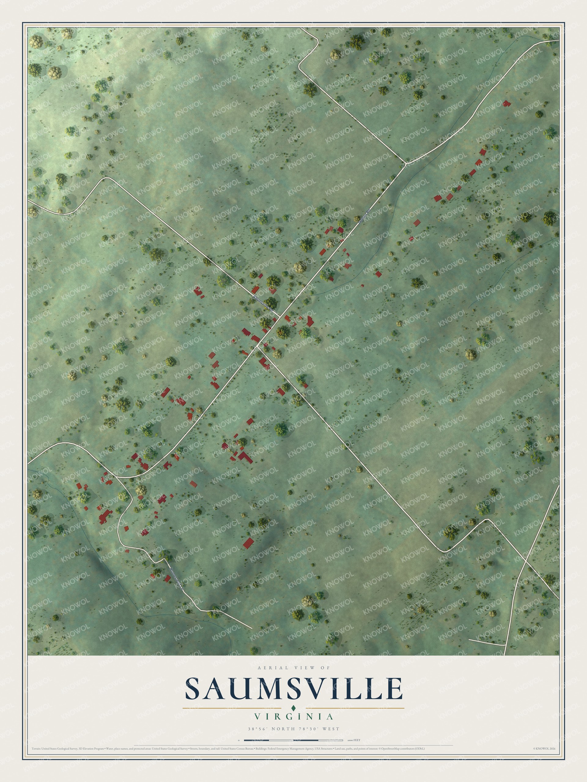 Full map of Saumsville, Virginia, with red buildings, printed street names and the land around them