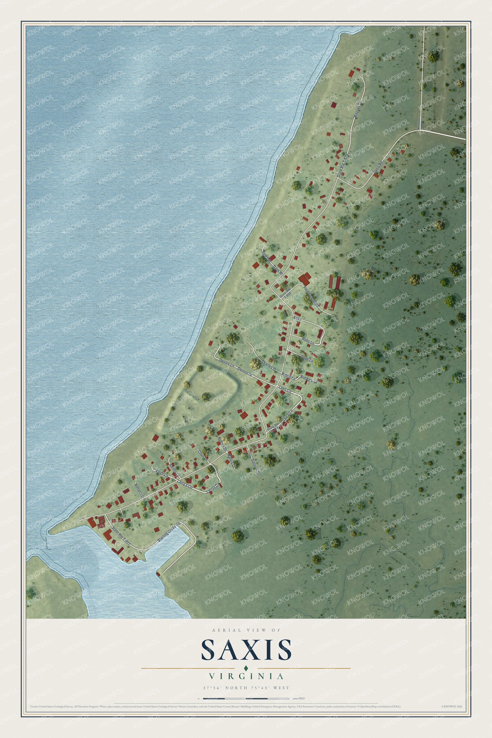 Full map of Saxis, Virginia, with red buildings, printed street names and the land around them