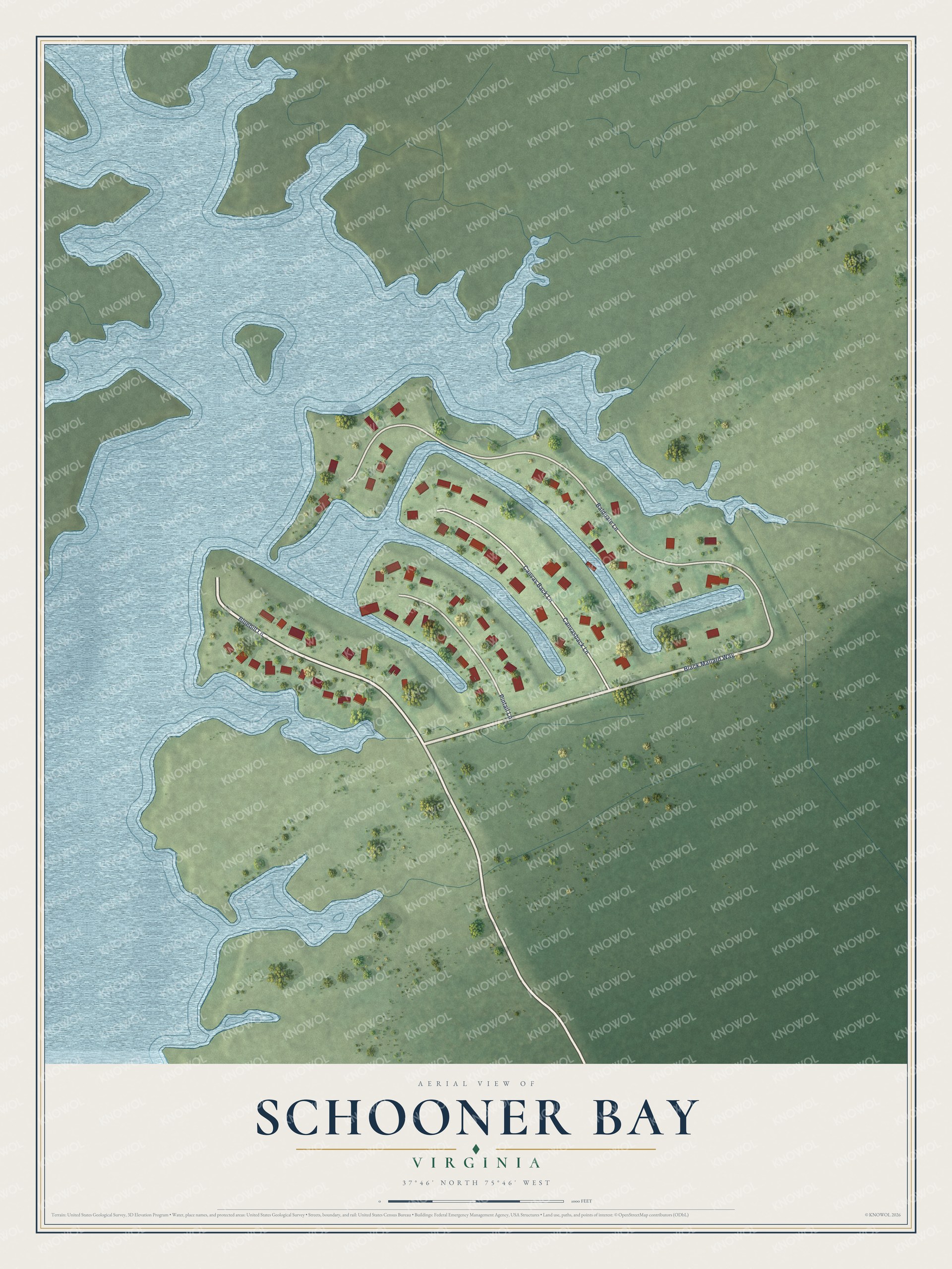 Full map of Schooner Bay, Virginia, with red buildings, printed street names and the land around them