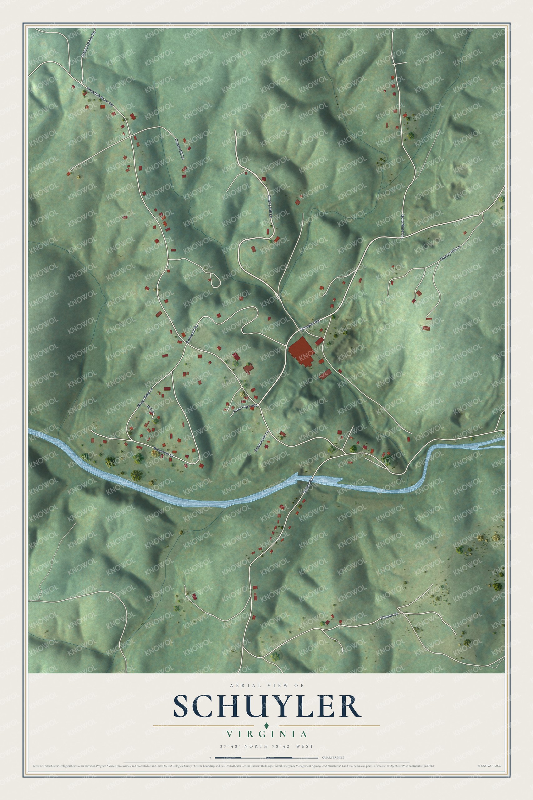 Full map of Schuyler, Virginia, with red buildings, printed street names and the land around them