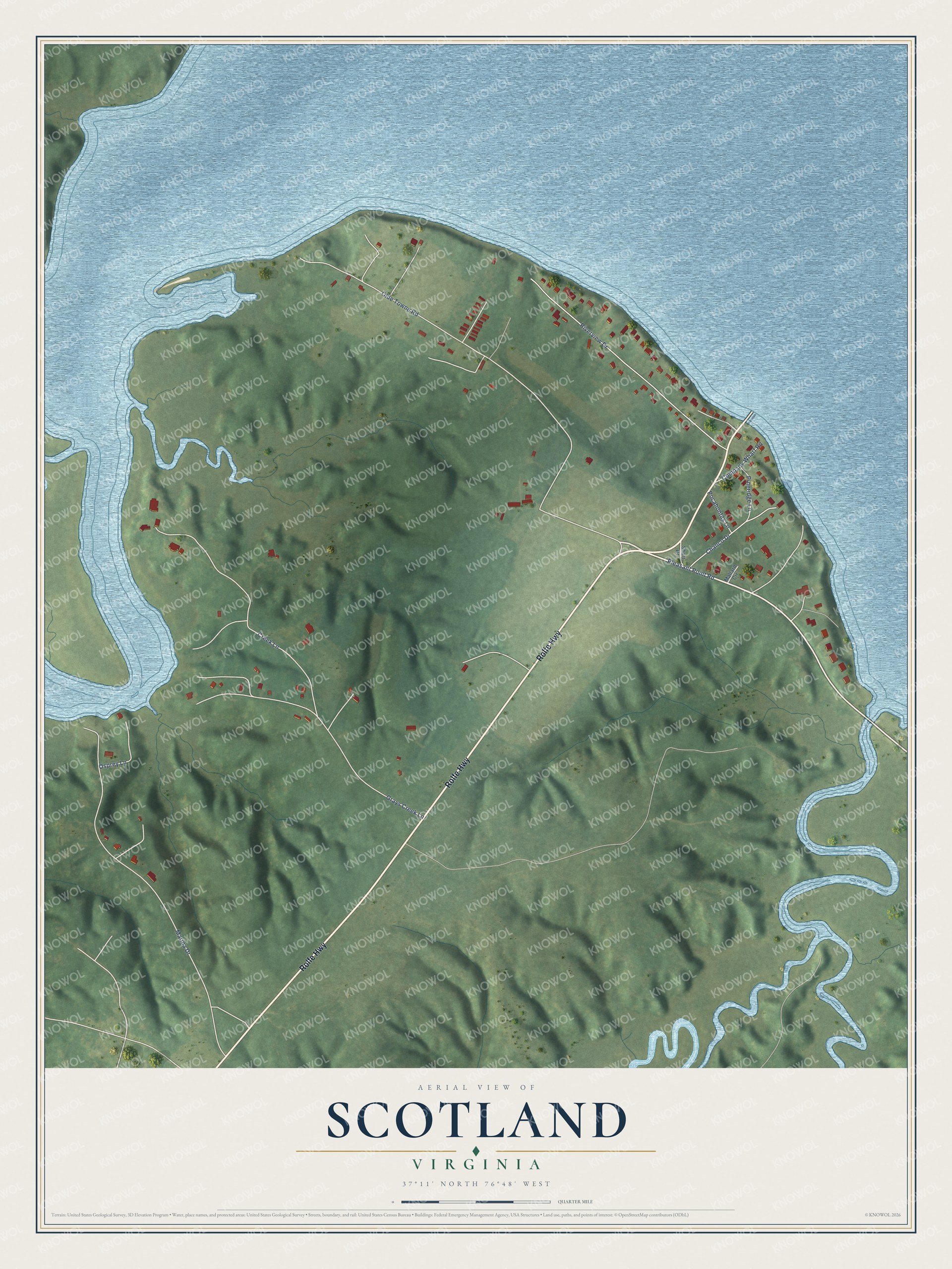 Full map of Scotland, Virginia, with red buildings, printed street names and the land around them