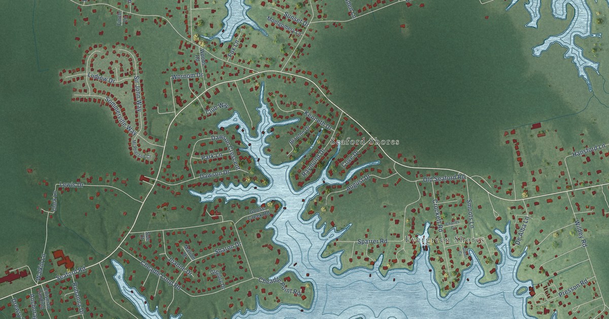 Close-up of streets and buildings in Seaford, Virginia