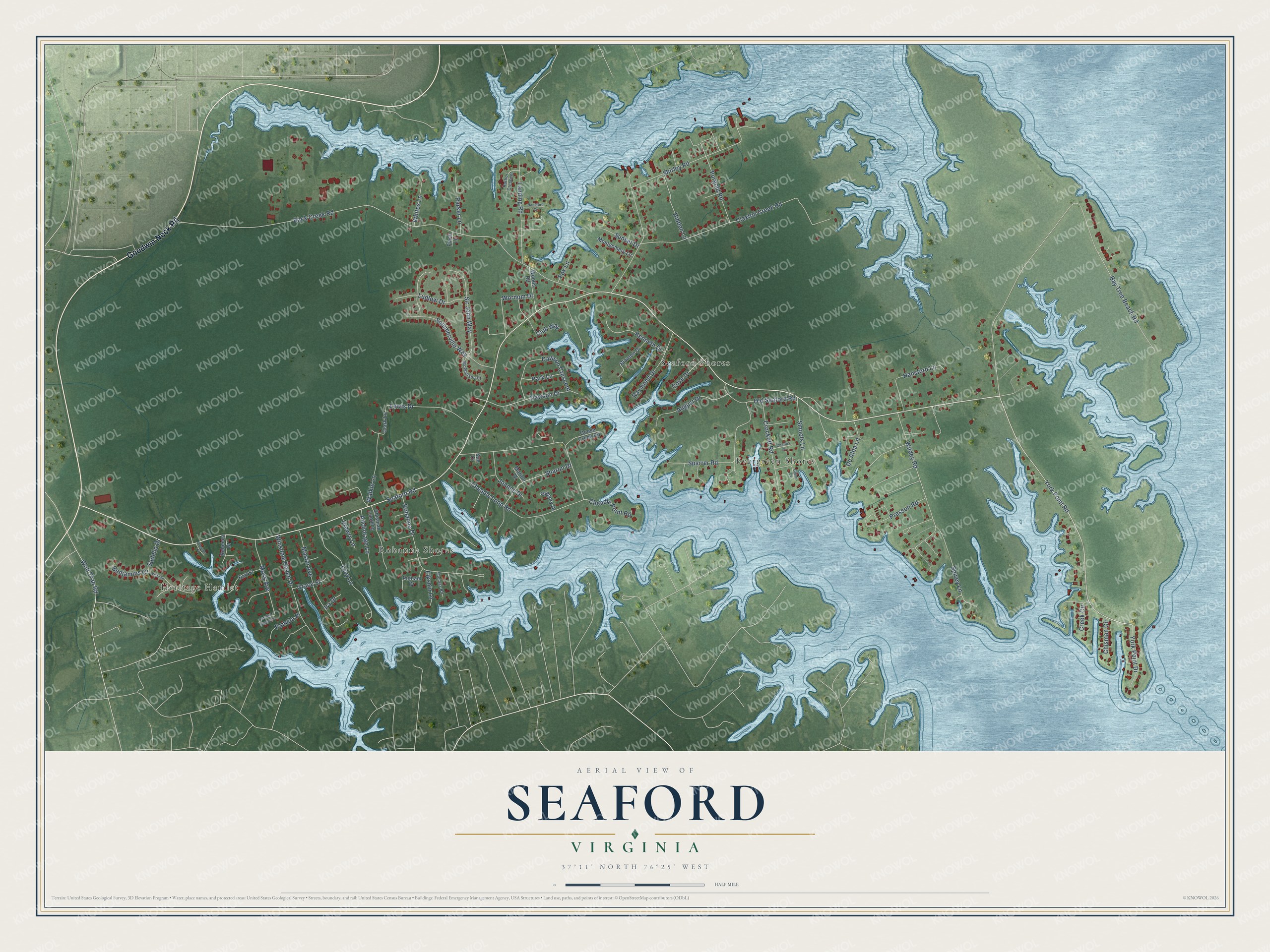 Full map of Seaford, Virginia, with red buildings, printed street names and the land around them