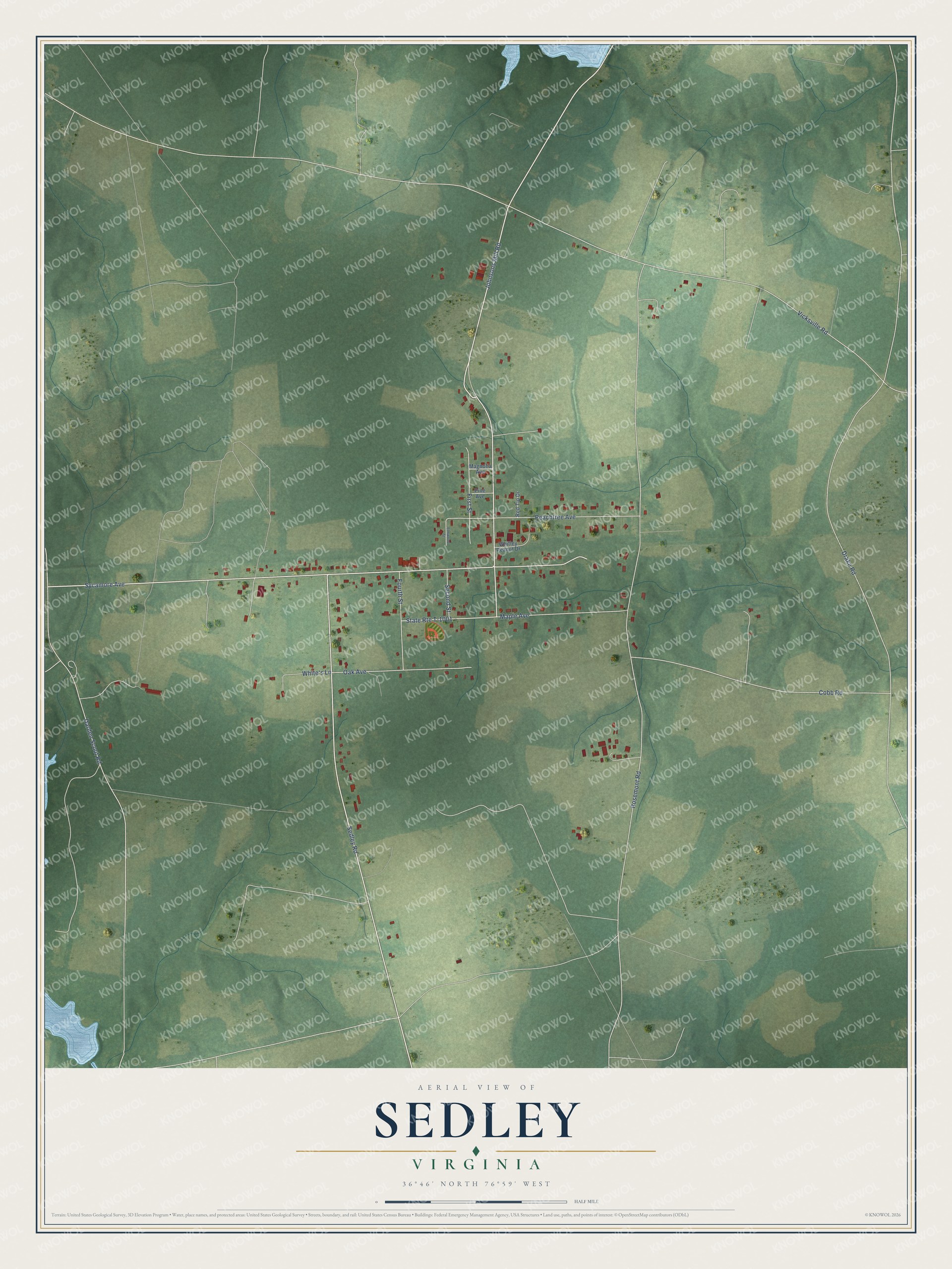 Full map of Sedley, Virginia, with red buildings, printed street names and the land around them