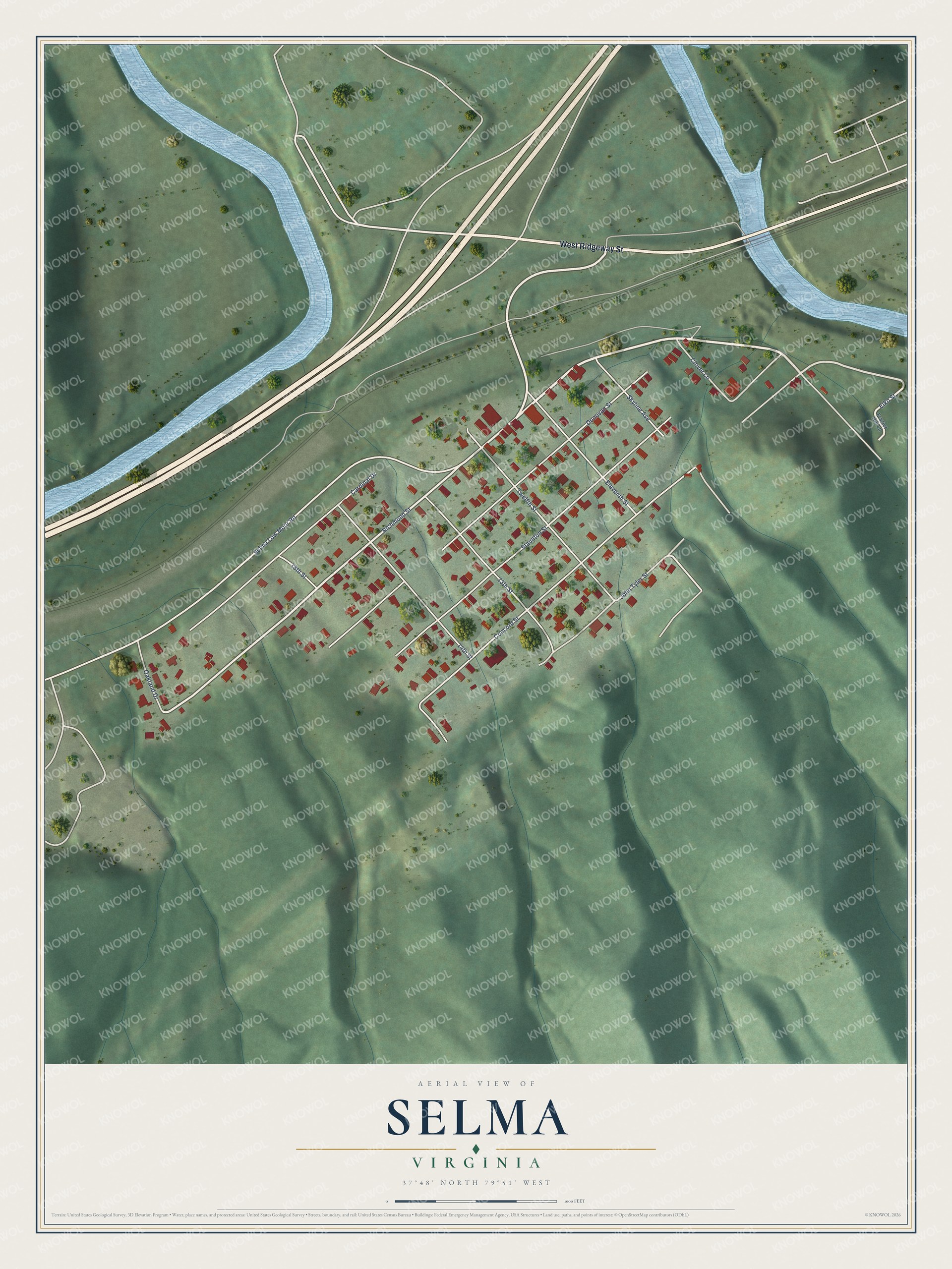 Full map of Selma, Virginia, with red buildings, printed street names and the land around them