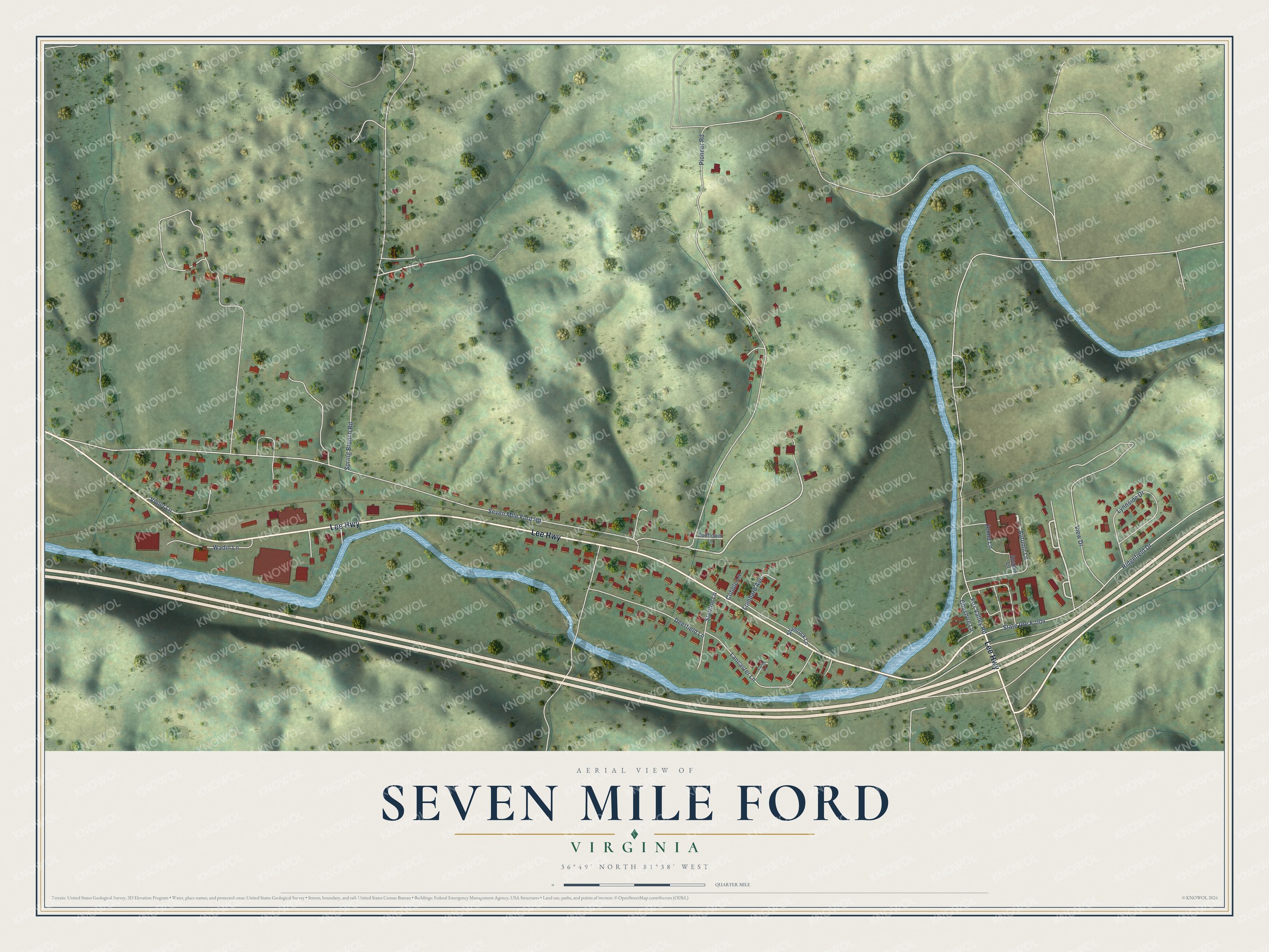 Full map of Seven Mile Ford, Virginia, with red buildings, printed street names and the land around them